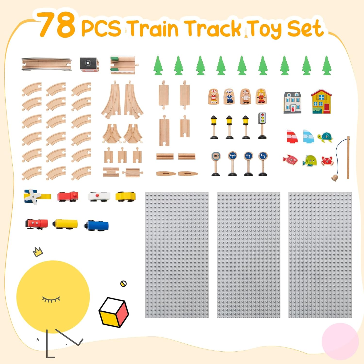 GLACER 78 Pieces Train Table, Wooden Activity Table with Reversible Top, Magnetic Fishing Rod, Storage, Tracks, Buildings, Multipurpose Painted Train Table Set for Toddlers 18M+, Gift for Boys Girls