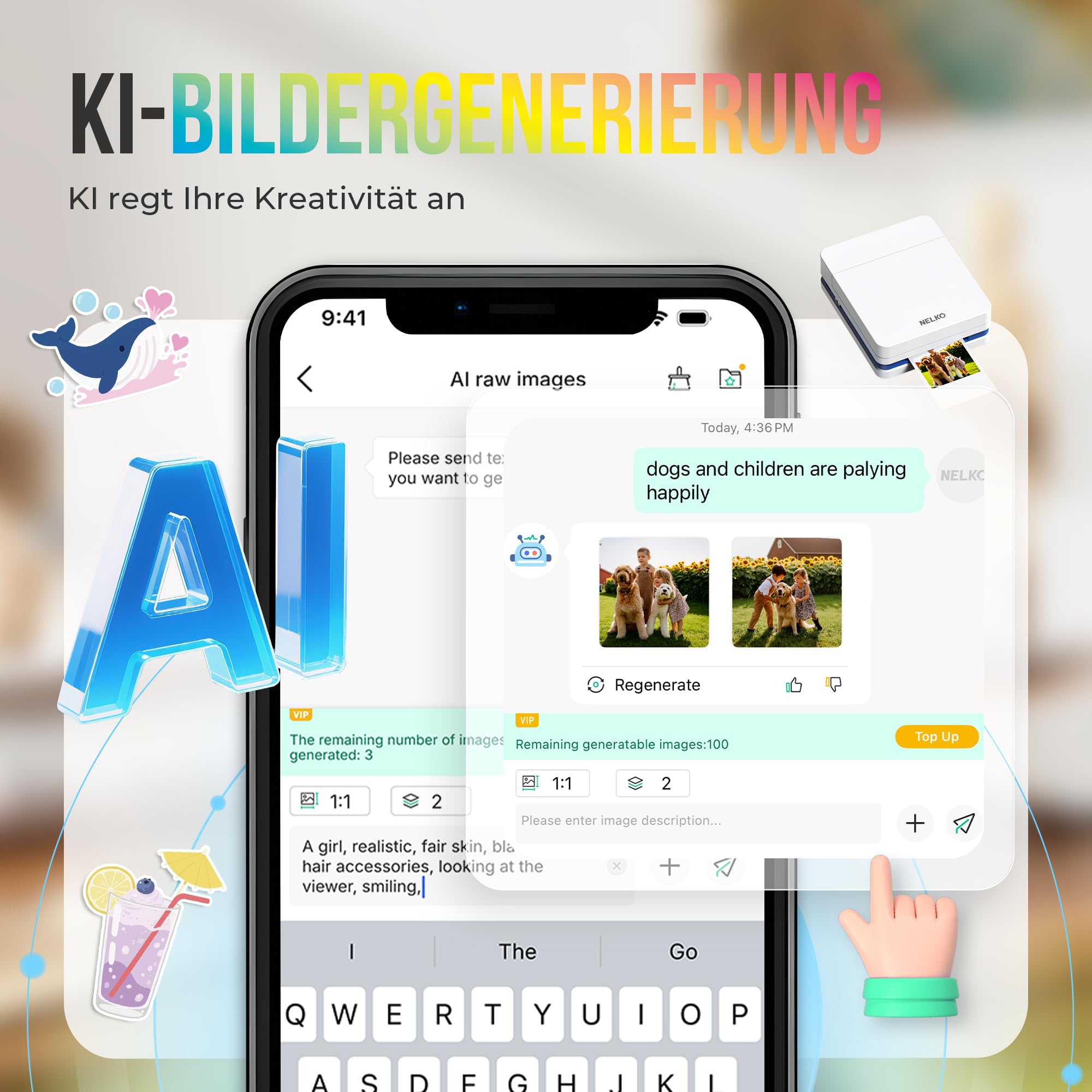 Nelko Fotodrucker PP01 Tragbarer Mini Fotodrucker, 20 Blatt Fotopapier,Weiß | Tintenstrahl-Aufkleberdrucker kompatibel mit iOS/Android mit Bearbeitungs-App, Ideal für Partys, Reisen und Bullet Journals