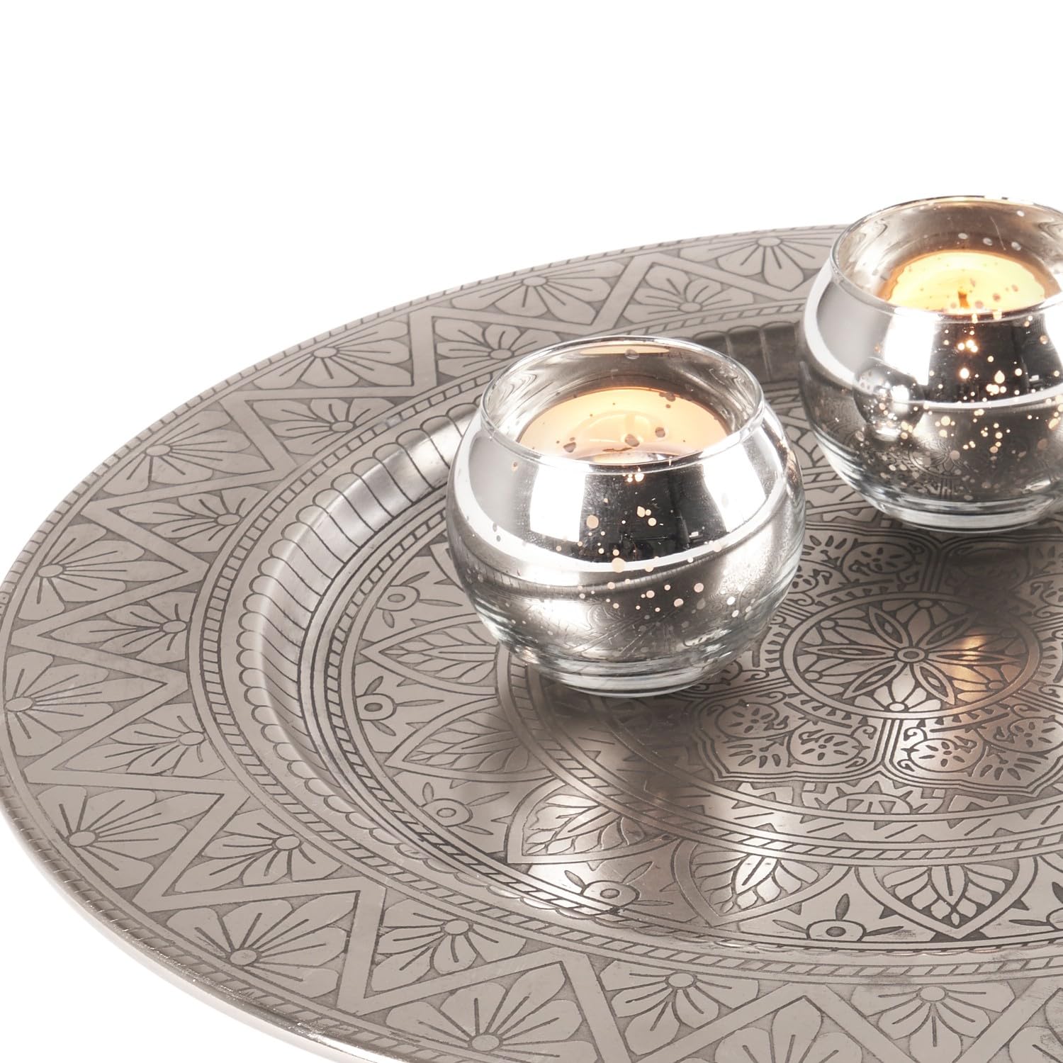 Marrakesch Orientalische Boho Deko Tablett Serviertablett aus Metall 35 cm | Kerzentablett Manar in Silber als Tischdeko für Küche & Wohnzimmer | Vintage (Silber)