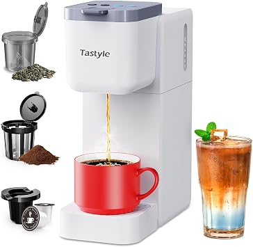 ماكينة صنع القهوة ذات الخدمة الواحدة من Tastyle لكوب K، والأرض والشاي، وآلات صنع القهوة الساخنة والجليدية مع إعداد جريء، وأحجام مشروب من 6 إلى 16 أونصة، ومضغوطة للمساحات الصغيرة، باللون الأبيض (إصدار 2.0)