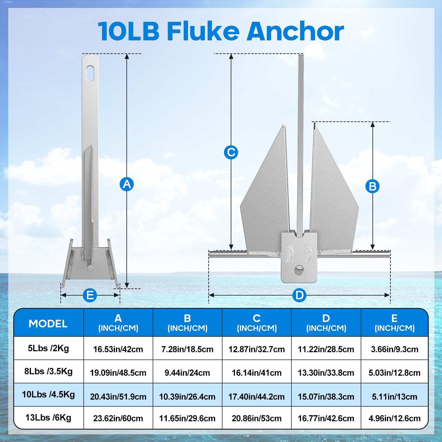 Galvanized Fluke Anchor Kit Includes Anchor Chain, Rope and Shackles, for Pontoons, Dinghies, Fishing Boats, Bass Boats, Sport Boats, Sport Yachts, 5/8/10/13 lb Boat Anchor Kit