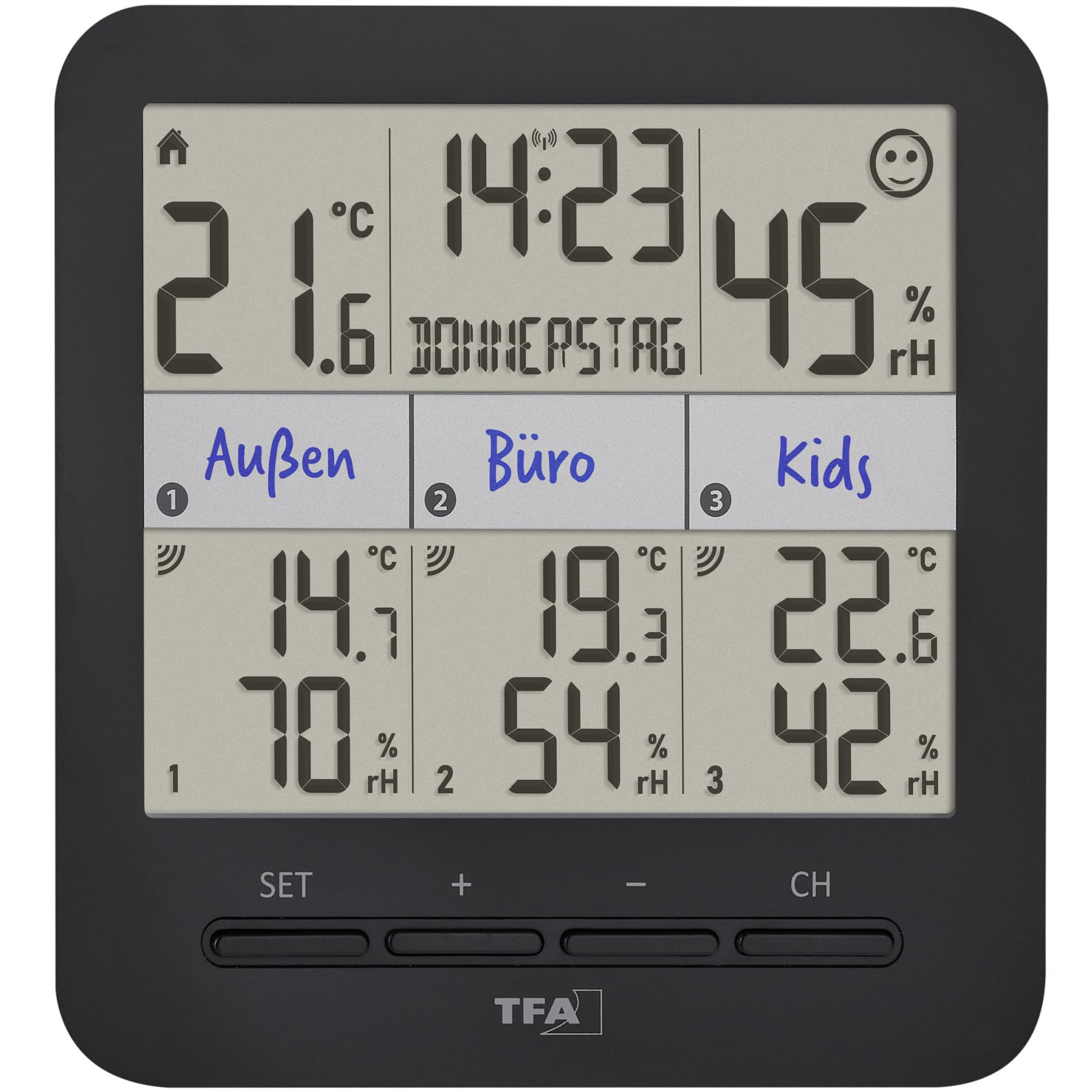 TFA Dostmann Thermo-Hygrometer mit 3 Sendern Klima@Home2, 30.3075.01, Temperatur/Luftfeuchtigkeit in Wohn- & Arbeitsbereichen, Taupunkt zur Schimmelvermeidung, Komfortzone, schwarz mit Batterien