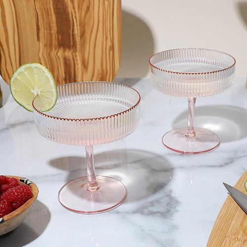 Miniatura 2 de Nineteen Days Speakeasy Style - Copas de champán tipo cupé acanaladas con bordes de oro rosa  Copa Art Deco para Martini Manhattan Cosmopolitan