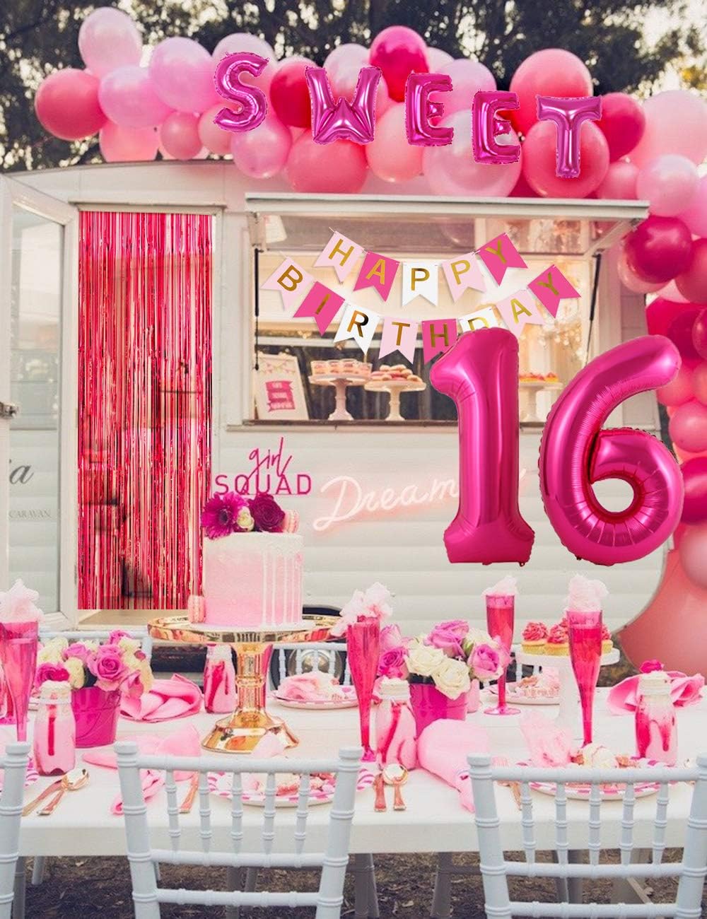 Kreatwow 16th Birthday Party Decorations Hot Pink Sweet 16 Ballon Banner Number 16 Balloons Happy Birthday Banner Fringe Curtain Sash for 16th Bday Decorations Pink - Image 3