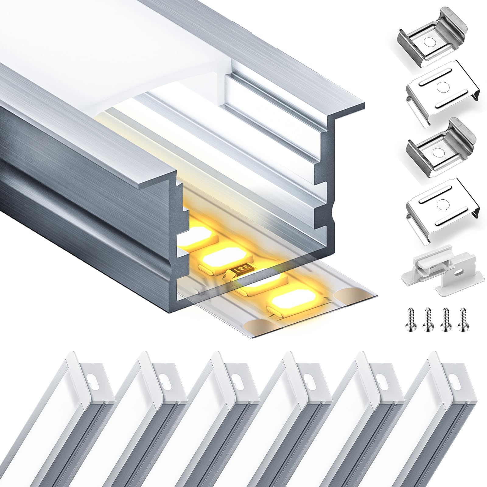 Profilo in alluminio a LED, 6 x 2 m (12 m), per strisce LED fino a 15 mm di larghezza, con copertura in PC bianco latte e set di accessori (SP25)
