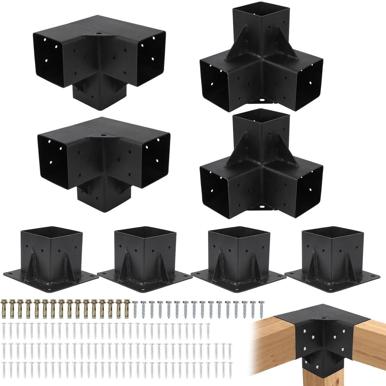 8pcs Pergola Bracket Kit 4''x4''(Inner 3.6x3.6), 3-Way Right Angle Corner Bracket with Post Base, Easy Installation for Woodworks DIY Gazebos Patio Pergolas Outdoor(4pcs 3-Way,4pcs Base) 4PC 3-Way 4x4+ 4PC Post Base 4x4