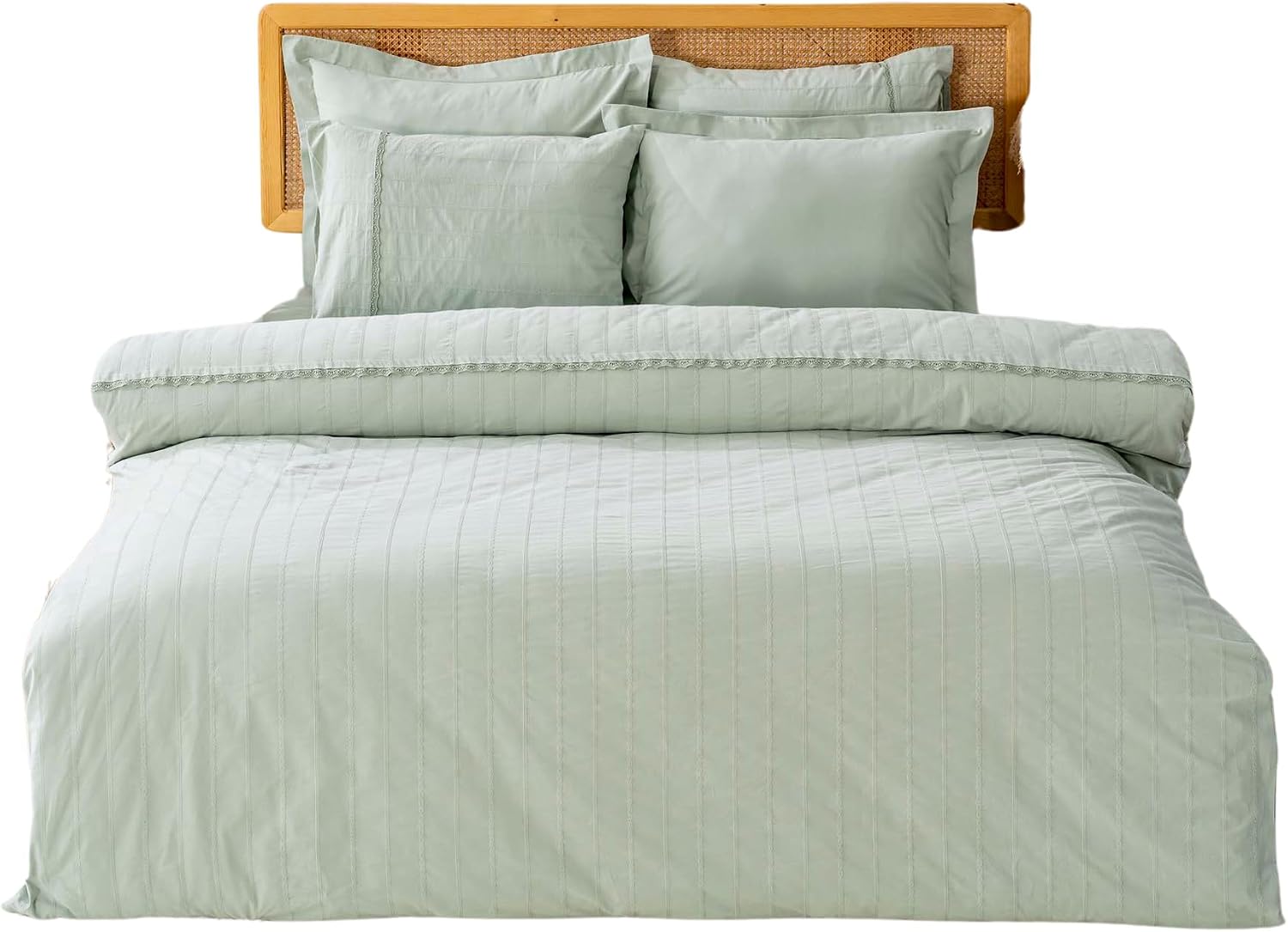 100% Cotton Duvet Cover Bedding Set | 6-Piece Embroidered Duvet Cover, Flat Sheet & Pillowcases | Oversized Cotton Bedding Set for Bedroom (Jasmin Mint, 78.74 × 86.61 inch)