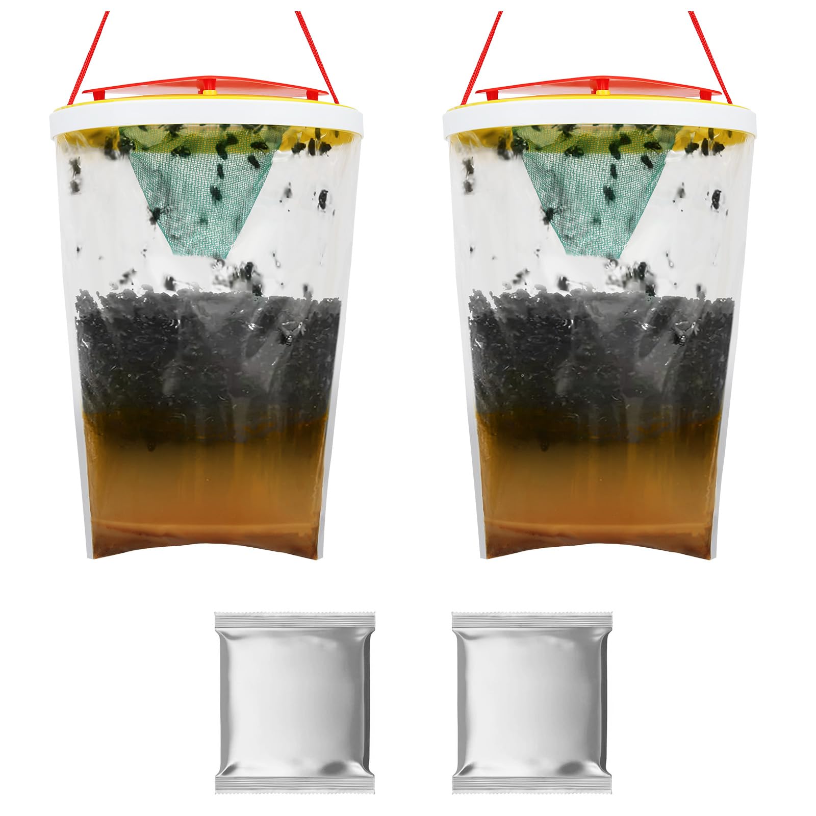 AOOWU Trampas para Atrapar Antimoscas Exterior, 2 PCS Trampas para Moscas con Alimentos, Trampa Cazainsectos Ecologica, Trampa para Moscas Desechable al Aire ​Libre para Jardin, Granjas y Aire ​Libre