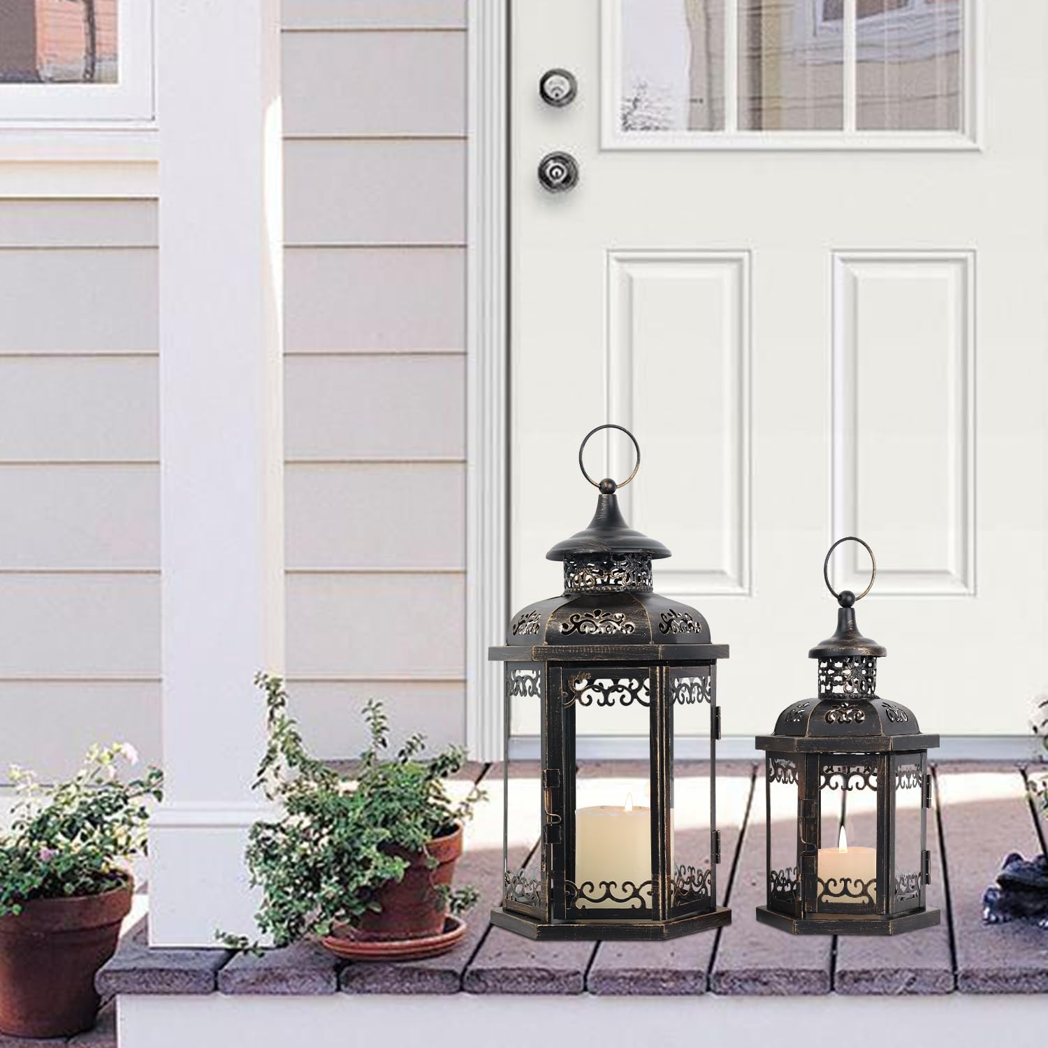 Large Lantern Decorative Outdoor & Indoor, Set of 2 (15’’&11’’) Metal Candle Lanterns Decor, Vintage Hanging Candle Holder for Front Porch Patio Wedding Farmhouse Home, Spring Decoration