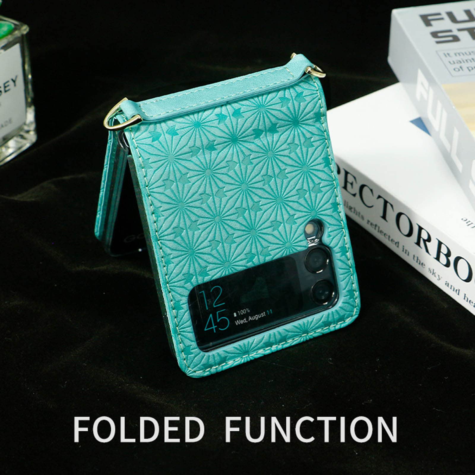 Etui do Samsung Galaxy Z Flip 3 5G z regulowanym paskiem do noszenia przez ramię, kwiat wytłaczany wysokiej jakości skóra PU twardy PC składany pokrowiec dla dziewcząt kobiet, czerwony