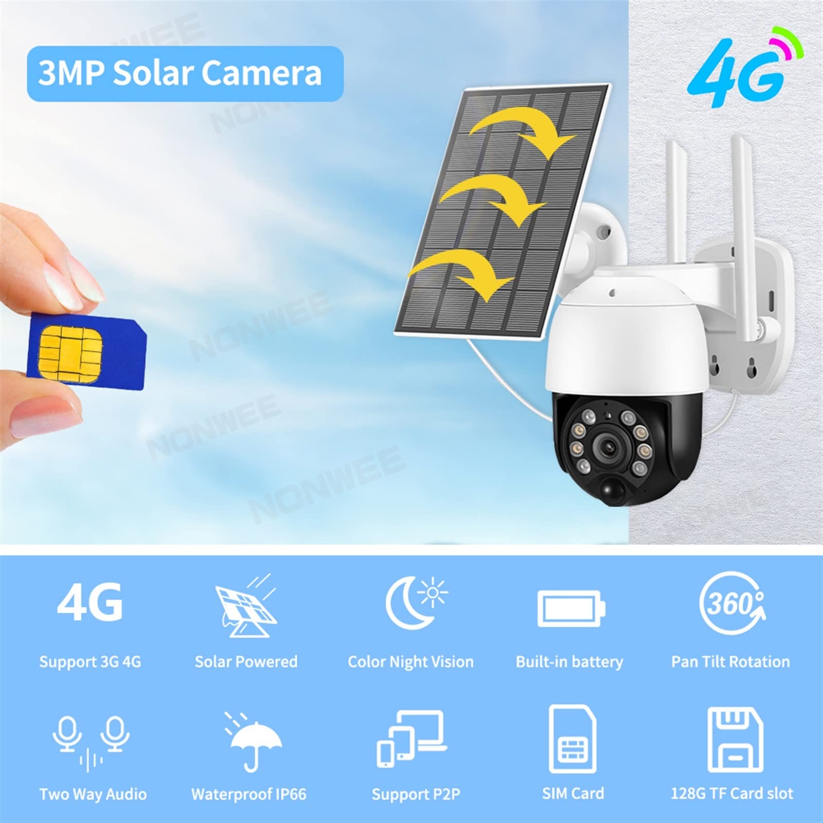 Caméra de sécurité, 4G Carte SIM caméra Solaire Batterie intégrée extérieure 3MP PTZ sans Fil CCTV sécurité Surveillance Cam PIR Motion(3MP 4G CAM)