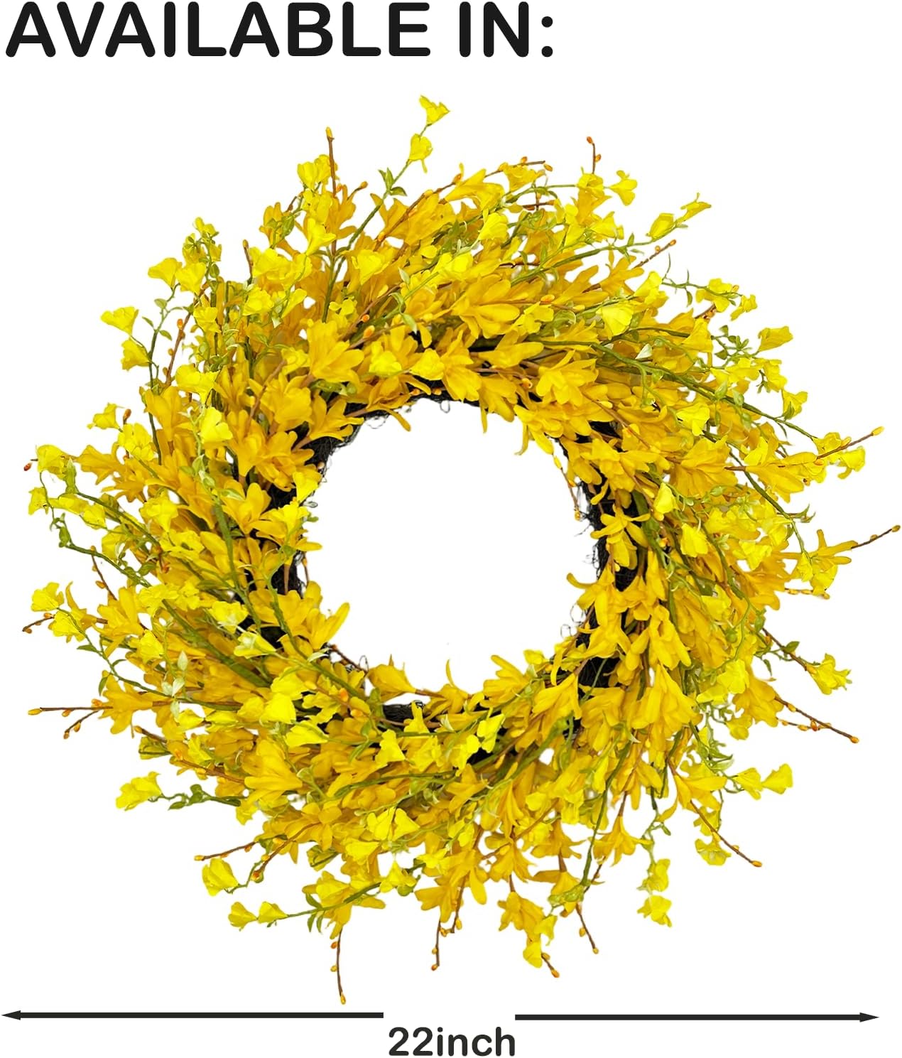 22" Spring Wreaths for Front Door, Artificial Forsythia Flower Wreath on Grapevine, Yellow Wreaths with Green Leaves, Silk Floral Wreath for Home Indoor Wall Window Garden Porch Farmhouse Decor