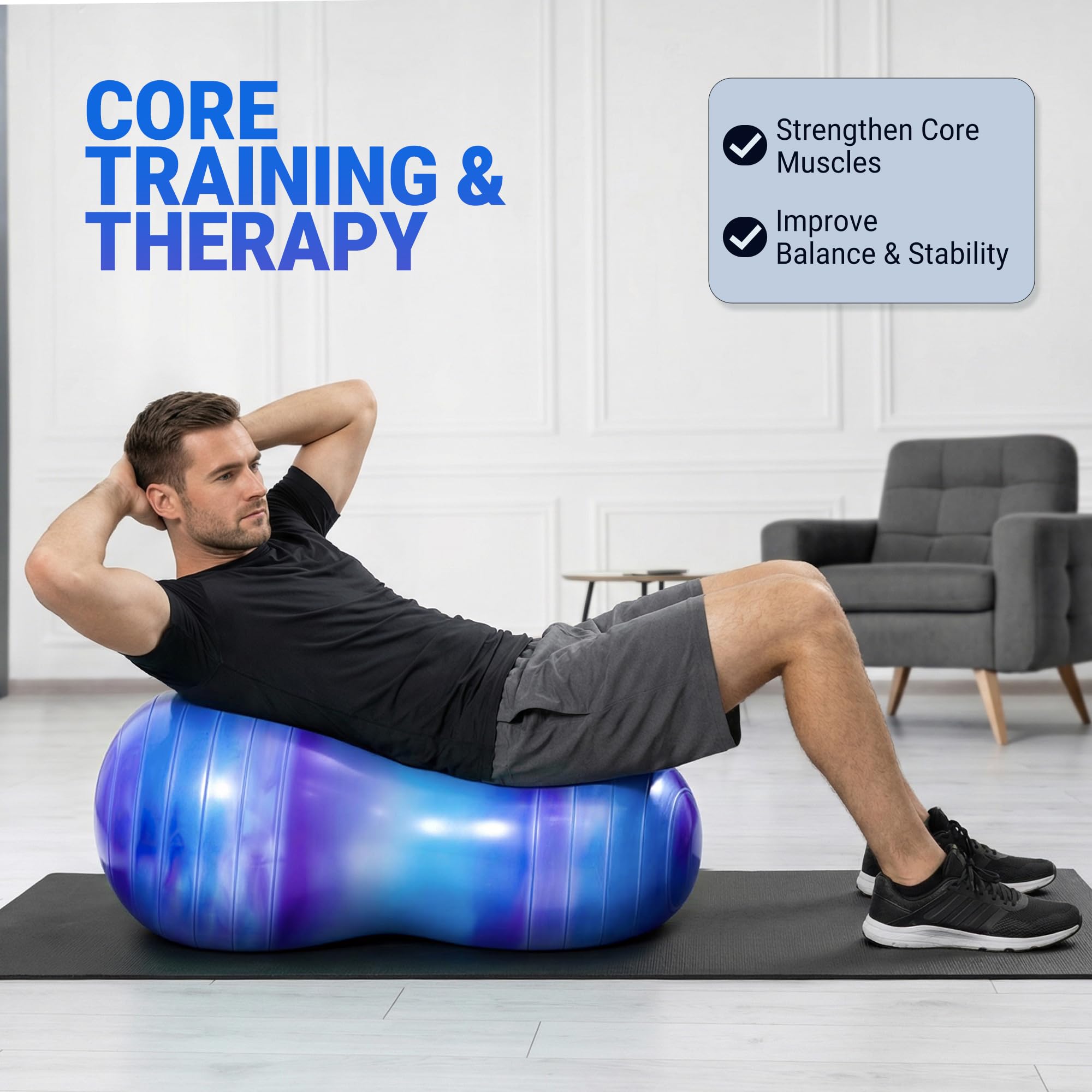 PlayZap Erdnussball für Physiotherapie, Gymnastikball, stabil, Anti-Burst für Gleichgewichts- und Kerntraining, rutschfeste Yoga-Ball-Alternative für Erwachsene, Kinder & Schwangerschaft, inklusive