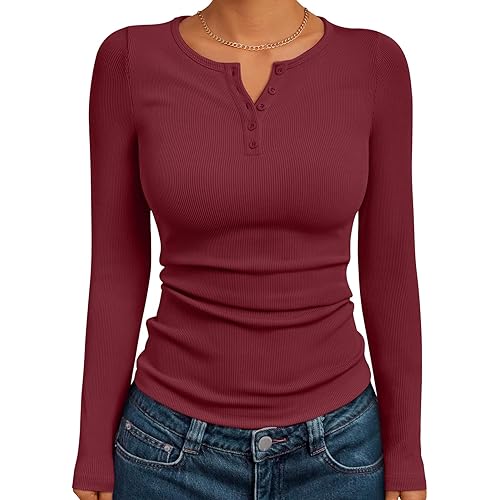 Trendy Queen Womens Long Sleeve Shirts 2025 Henley Casual Fall Outfits Fitted Tops Ribbed Fashion Basic Tees