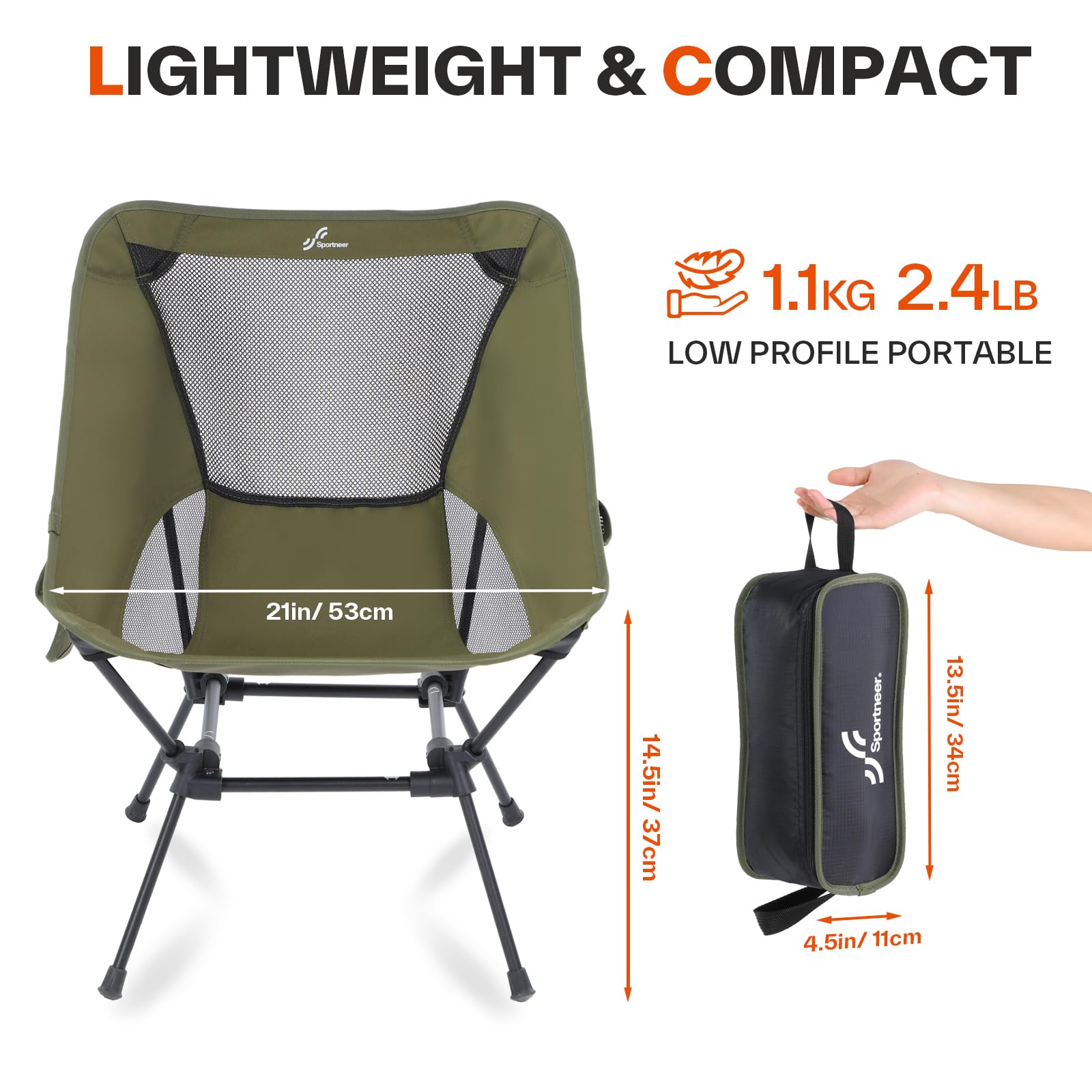 Sportneer Sedie da Campeggio, Leggere per Esterni, con 2 Tasche Laterali e Borsa portaoggetti, sedie Pieghevoli e Portatili, per Campeggio, Escursionismo, Prato, Picnic, Spiaggia, Viaggi all'aperto