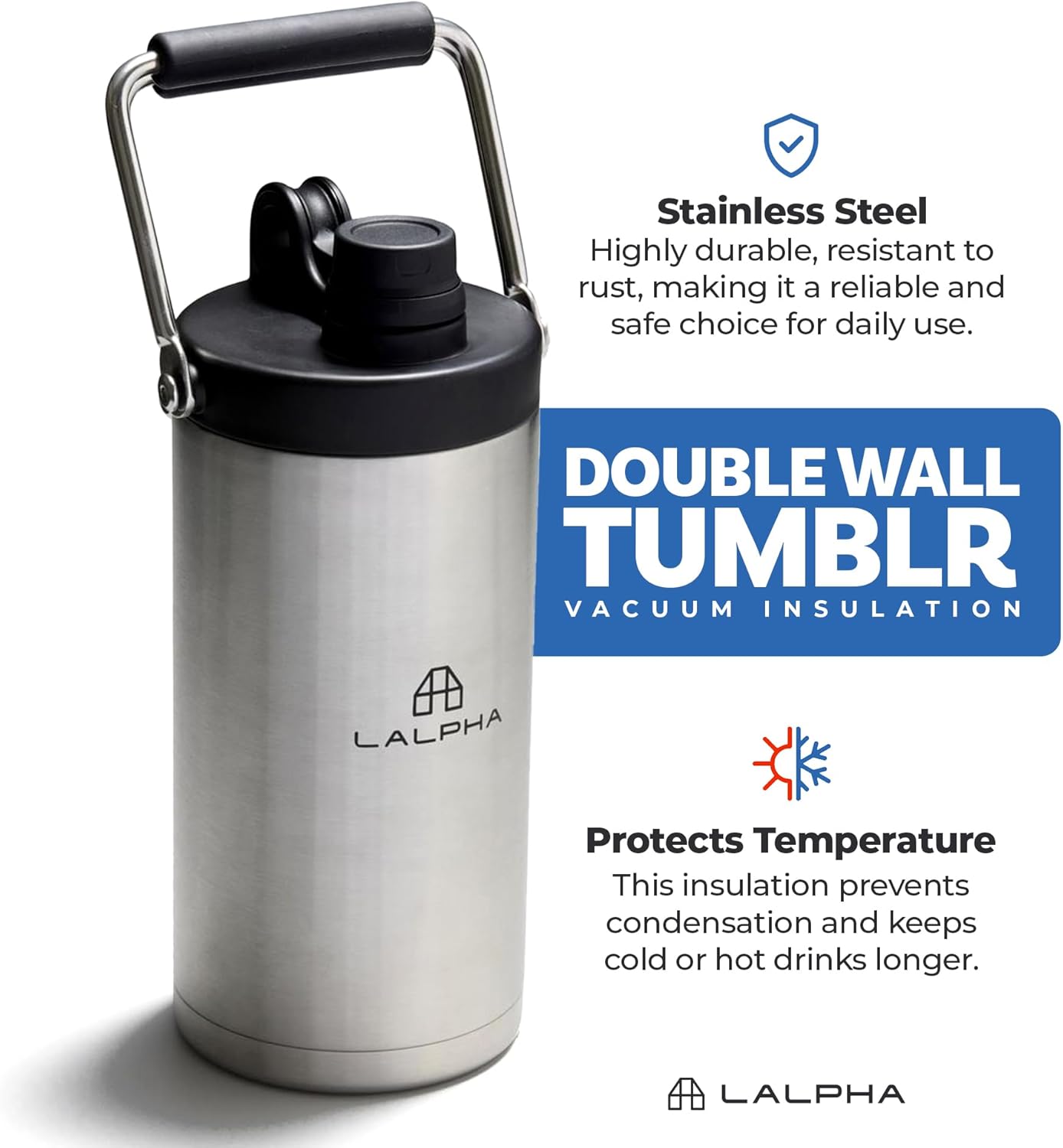 LALPHA 3.96 lbs Vacuum Insulated Ice Jug Stainless Steel, Large Capacity, Adjustable Cap, Wide Mouth, Cold Retention for Camping & Travel - Image 3