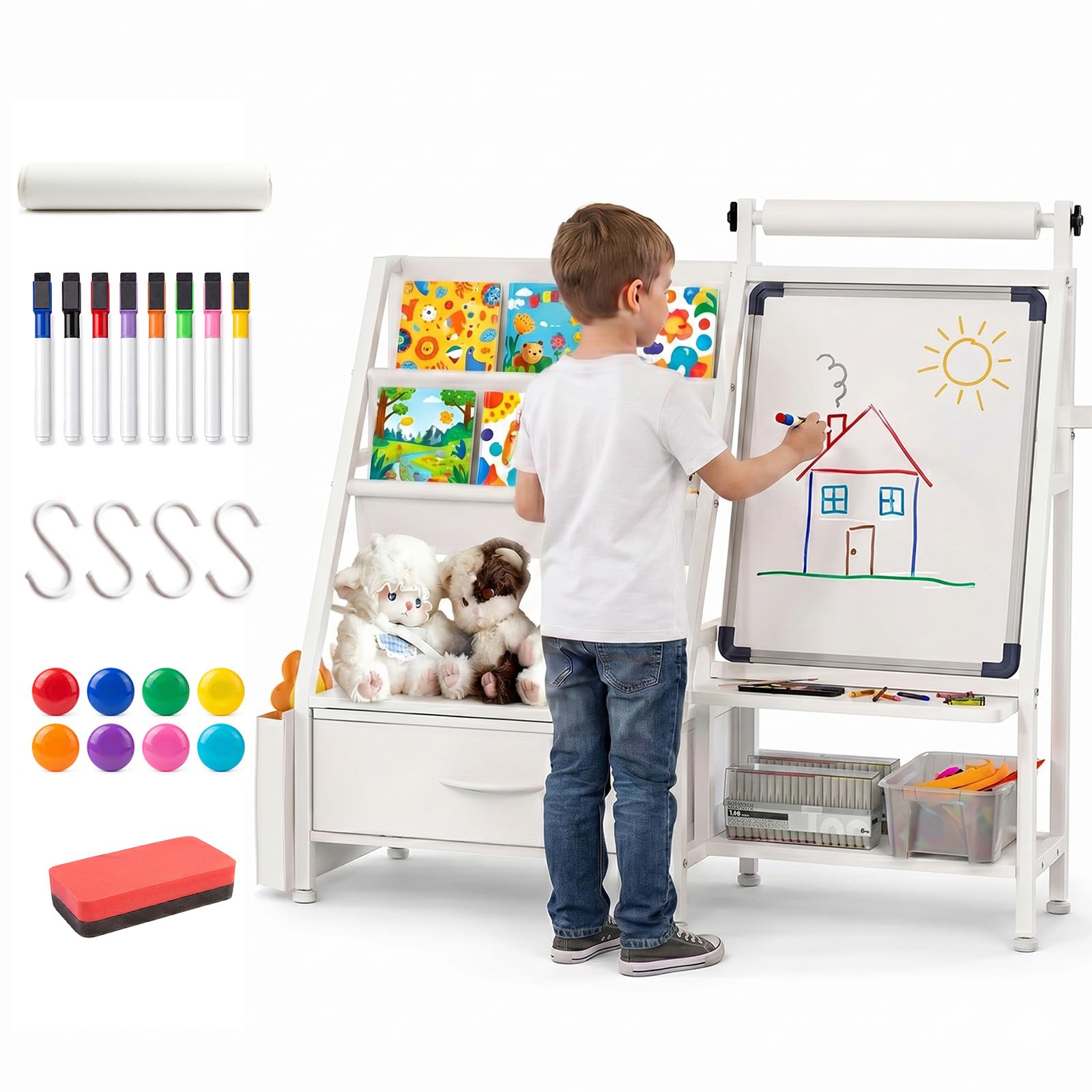 Faesun 4-in-1 Art Easel for Kids, Wooden Kids Easel with Storage,Toddler Drawing Board with Magnetic Whiteboard & Paper Roll & Drawing Accessories, White Board for Kid Ages 2-8 Birthday Gift