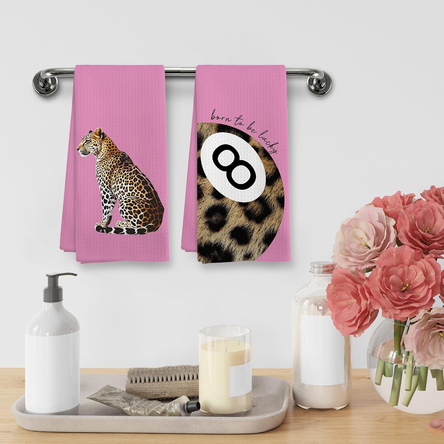 Trendy Leopard Cheetah Print Lucky 8 Ball Bathroom Decor, Preppy Girly Pink Leopard Decor Dish Hand Tea Towels for Bathroom Kitchen Sets of 2, Cheetah Kitchen Towels and Dishcloths,16x24 Inch image 4