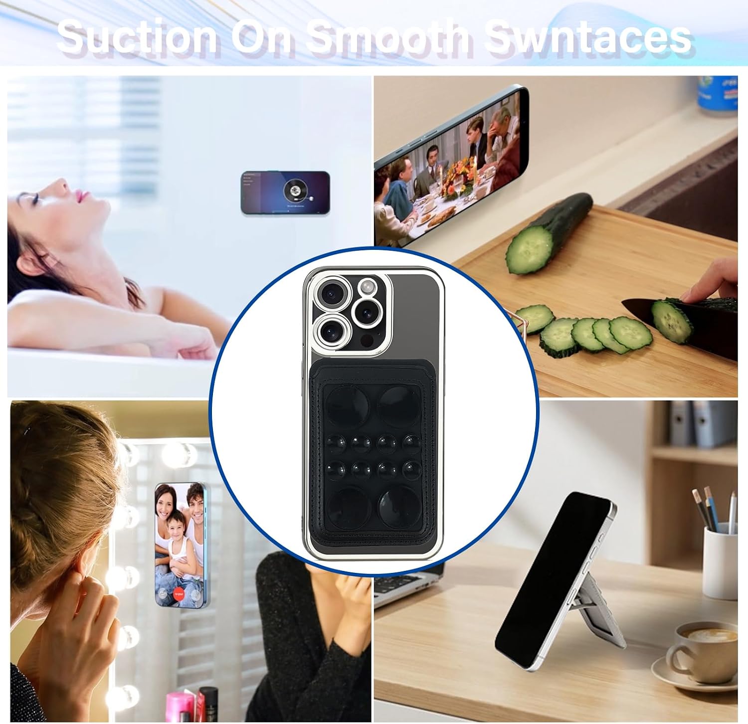 Magnetic Wallet Stand with Silicone Suction Cup for Mag Safe, Hands-Free Silicon Phone Holder Snap with Higher Suction Power for Selfies and Videos, Non Slip Phone Accessories, Black