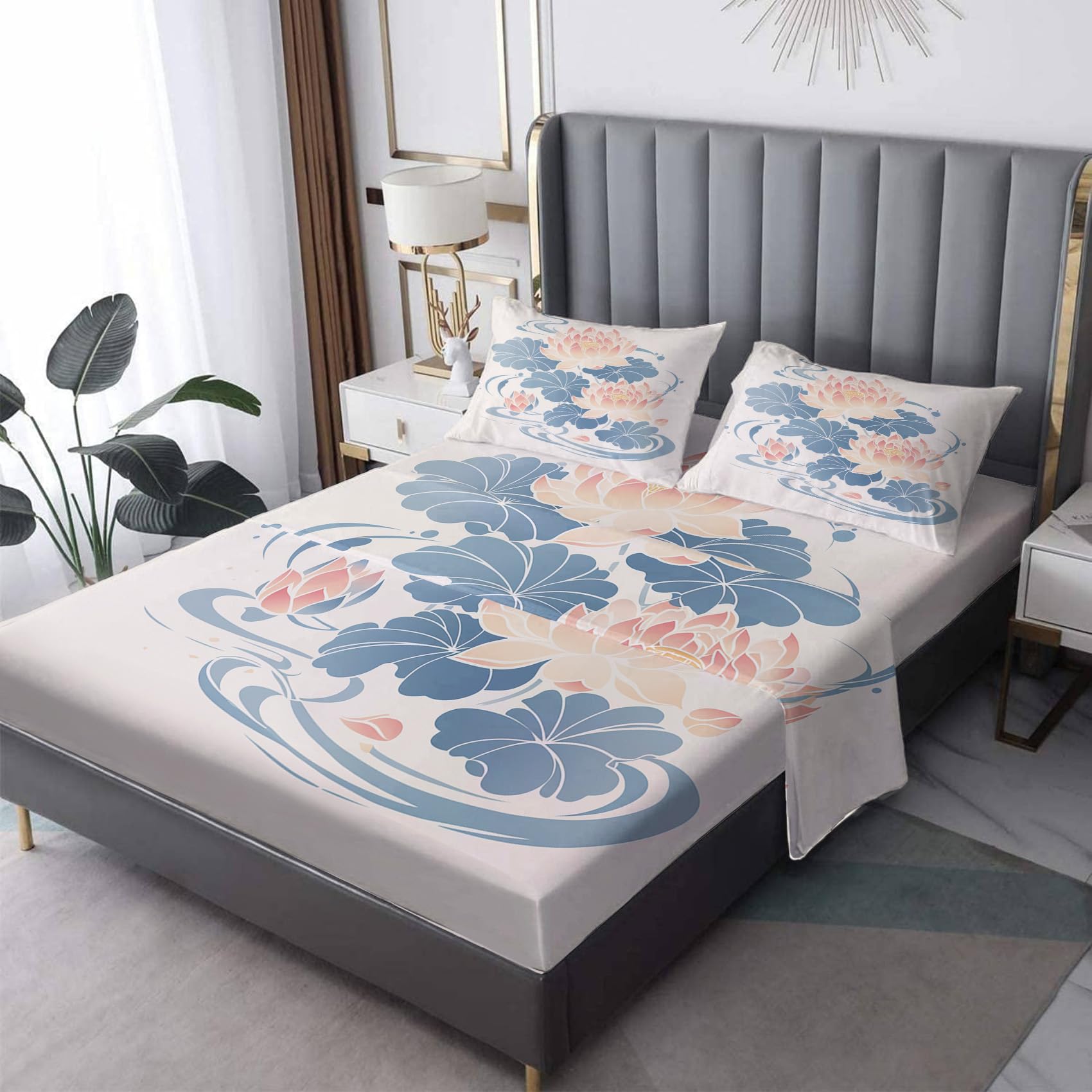 Zvynqour - California King Lotus Flower Sheet Set - Japanese Chinese Asian Style Sheet Set, 16" Deep Pocket Fitted Sheets & Flat Sheets & Pillowcases