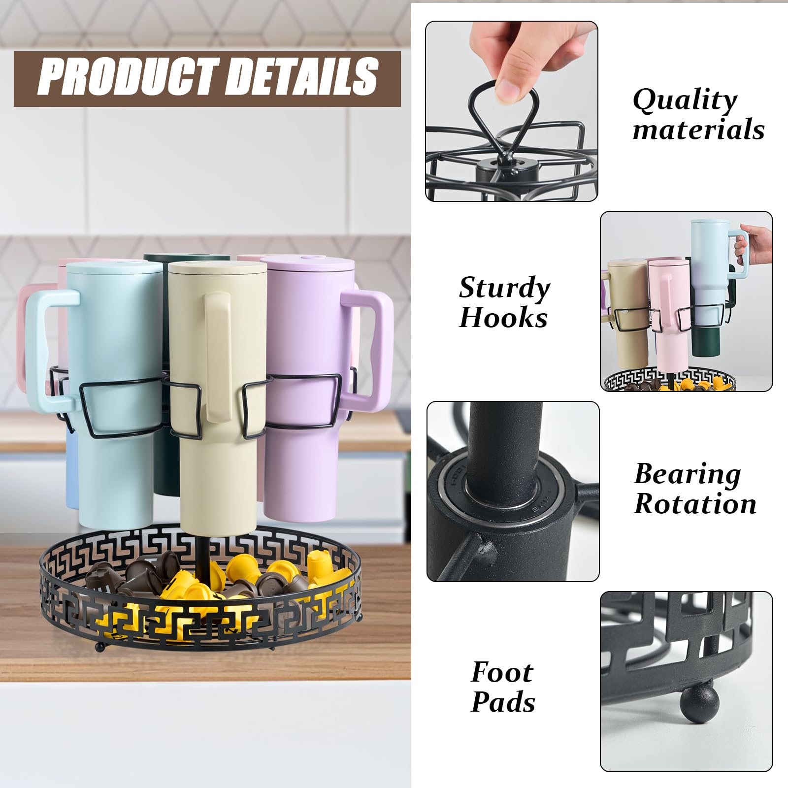Obrotowy organizer na kubki Stanley do szafki – uchwyt na 6 kubków z uchwytem, ​​oszczędzający miejsce stojak na kubki