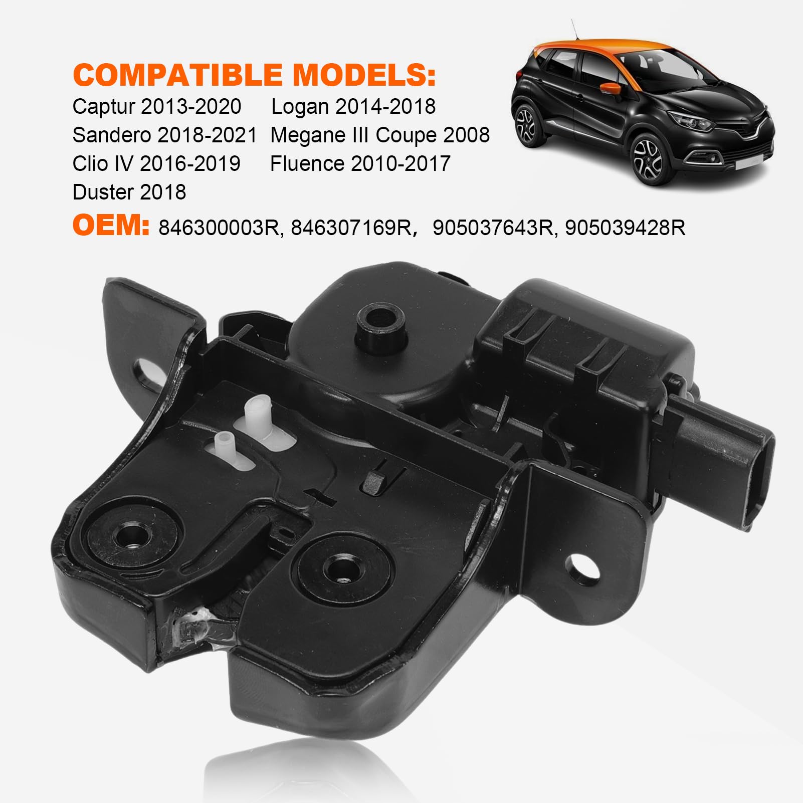 La cerradura de puerta trasera 905039428R es compatible con Clio IV, Captur, Logan, Sandero, Fluence, Megane III y Coupé. El candado de portón trasero 846307169R también es compatible.