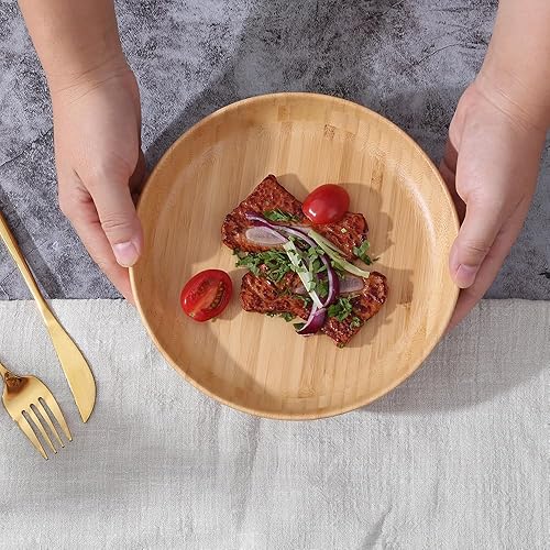 Miniatura 4 de cluzelar Platos de bambú redondos reutilizables para niños, plato de bambú para servir, juegos de vajilla de bambú para niños, juego de 4, platos