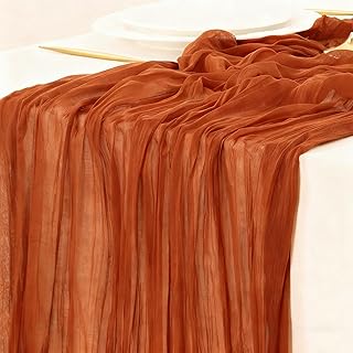 10 FT Cheesecloth Table Runner 120 Inch in Terracotta, Sheer Rustic Gauze with Elegant Drape for Boho Wedding, Bridal Shower, Holiday Party & Home Decor