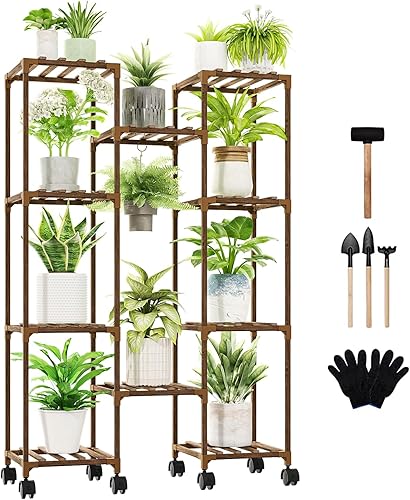 GENTINGBRO Estante para plantas de interior con ruedas, estante alto para plantas para 11 macetas, soporte grande para plantas colgantes para