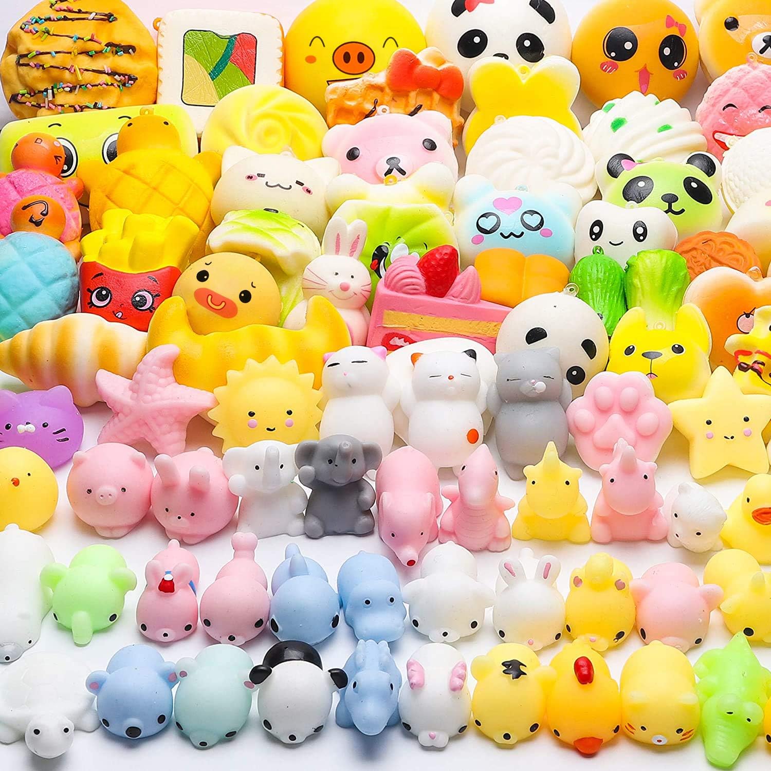 WATINC 60 Pcs Squeeze Toys, Birthday Gifts for Kids Party Favors, 30 Pcs Slow Rising Kawaii Simulation Bread Squeeze Toys 30 Pcs Mochi Squeeze Cat Panda Goodie Bags Egg Fillers, Keychain Phone Straps