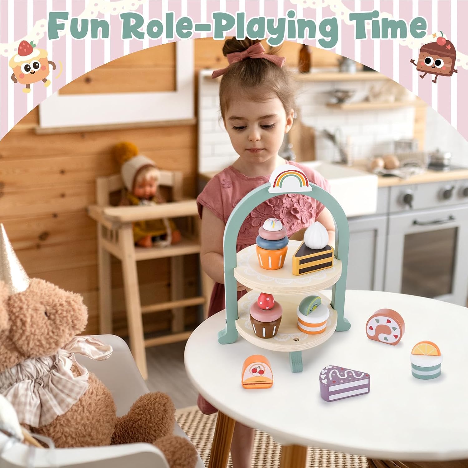Service à Thé En Bois Pour Enfants – Set De Gâteaux Et Présentoir à 2 Niveaux – Jeu D'imitation – Dès 3 Ans