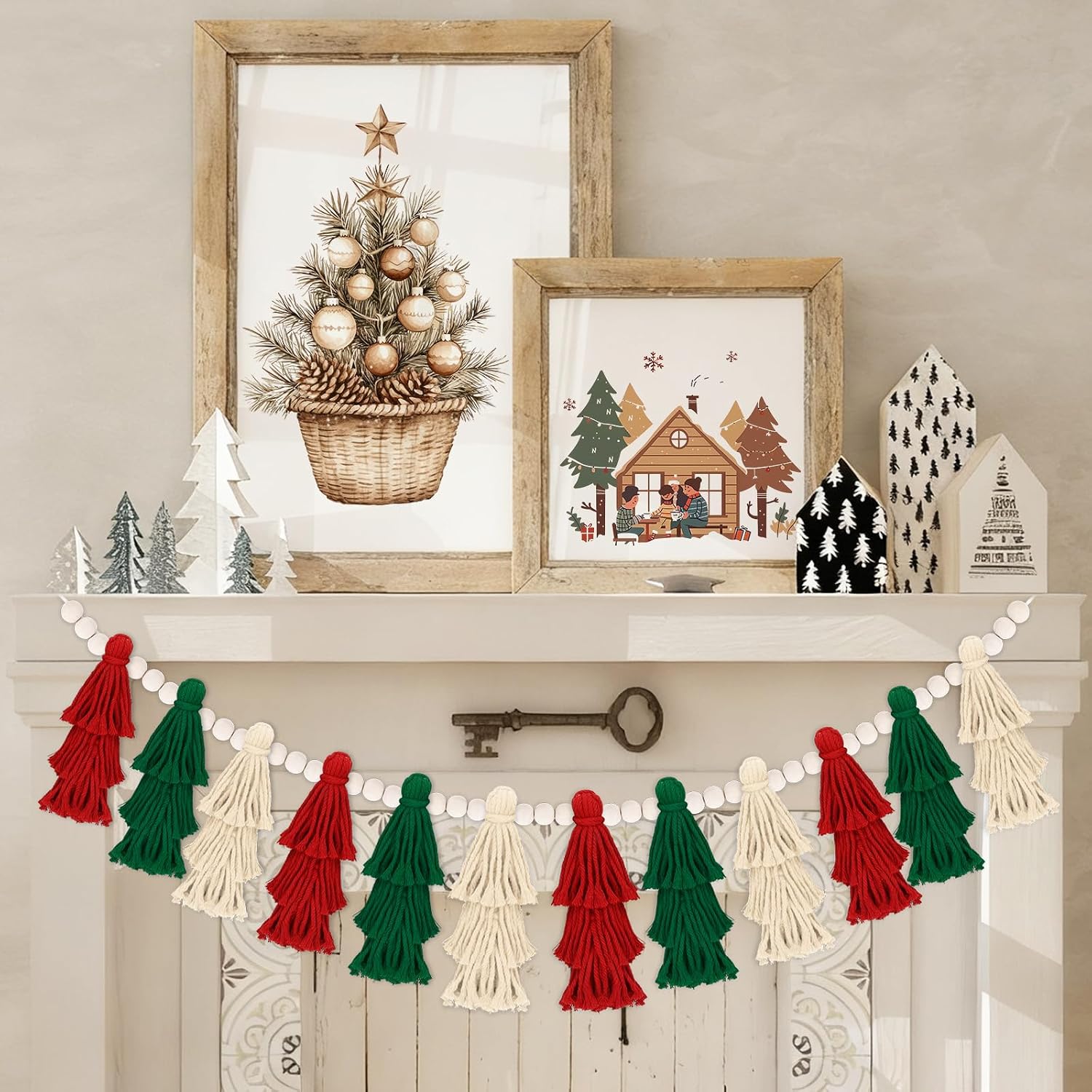 JarThenaAMCS 8.2ft Boho Christmas Tree Tassel Garland Red Green Christmas Tassel Banner with Wood Beads Holiday Wall Hanging Decor for Xmas Party Bedroom Nursery Playroom Mantel Wall Decor