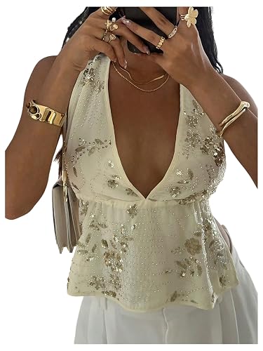 MakeMeChic Women's Sequin Halter Tops Summer Deep V Neck Backless Sexy Tank Top