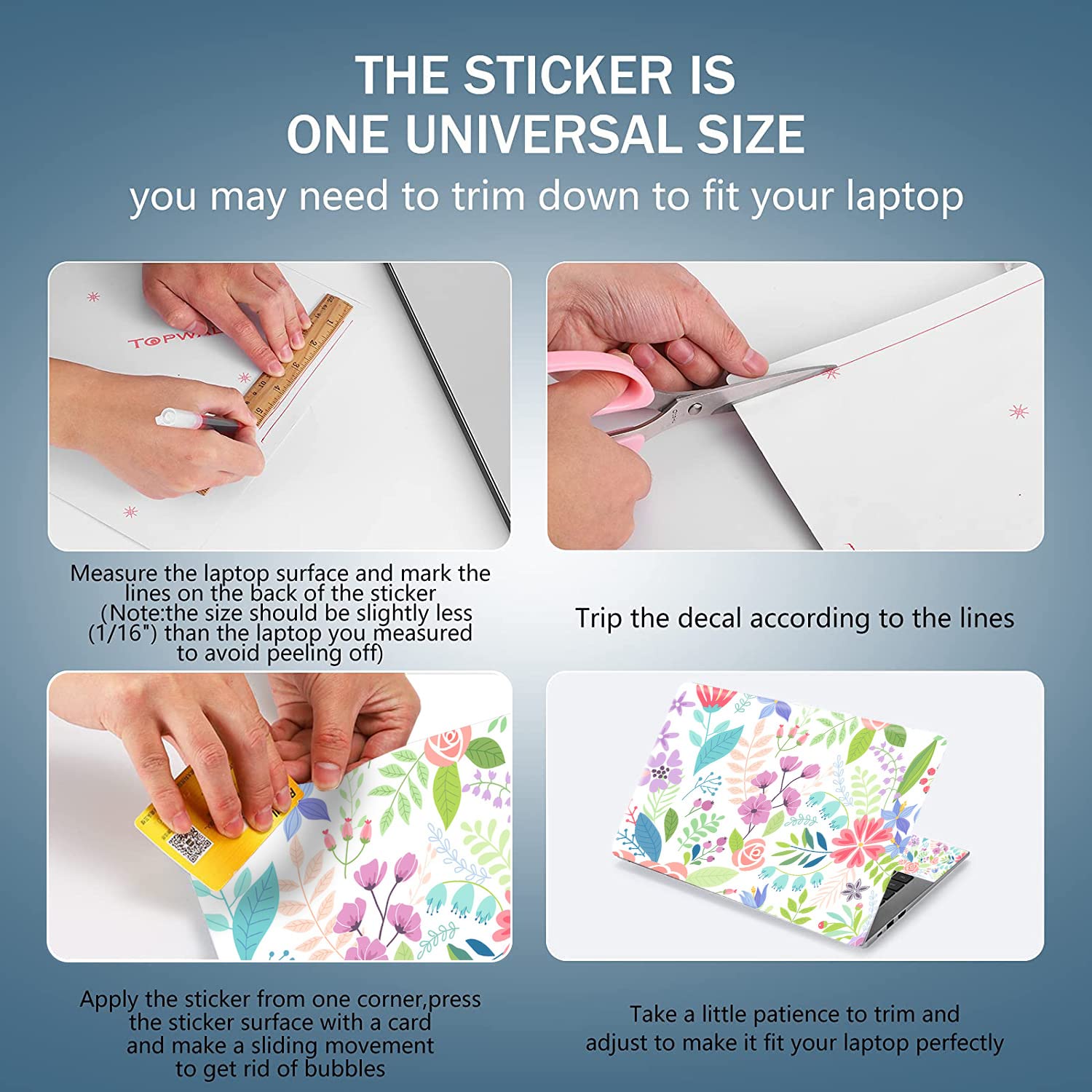Adesivo universale per netbook, riutilizzabile, per notebook, con motivo floreale, motivo: fiori e foglie