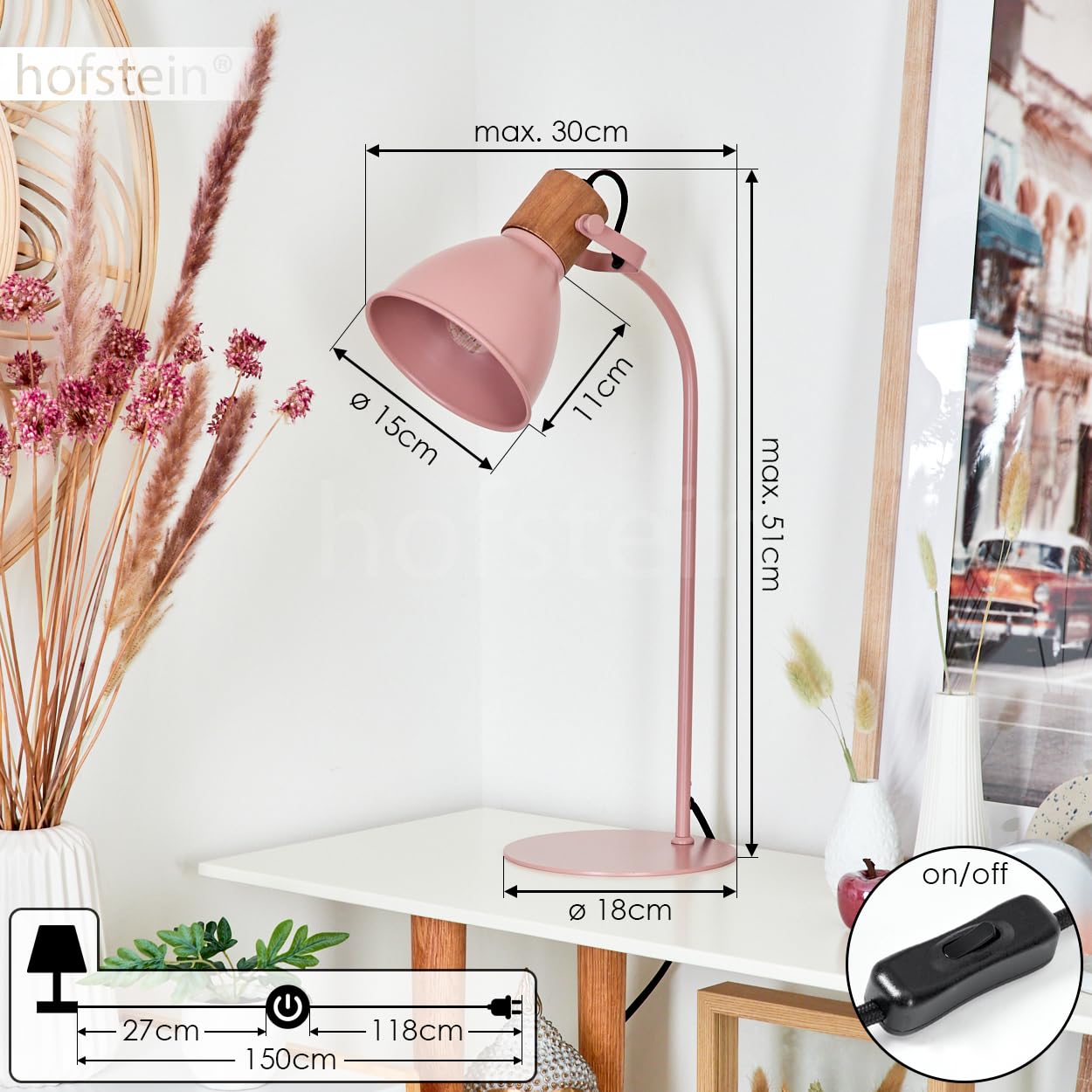 Tischeuchte Chipou, moderne Tischlampe aus Metall/Holz in Rosa/Pink/Natur, verstellbare Leseleuchte mit rundem Schirm (Ø 15 cm) und Schalter am Kabel, Höhe max. 51 cm, 1 x E27, ohne Leuchtmittel