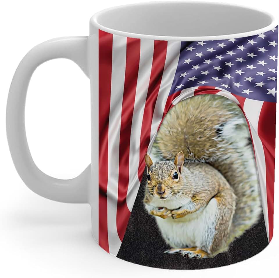 Patriotic Eastern Gray Squirrel Coffee Mug 11oz - White Ceramic Cup Design with American Flag & Cute Pet - Novelty Gifts for Squirrel Lovers