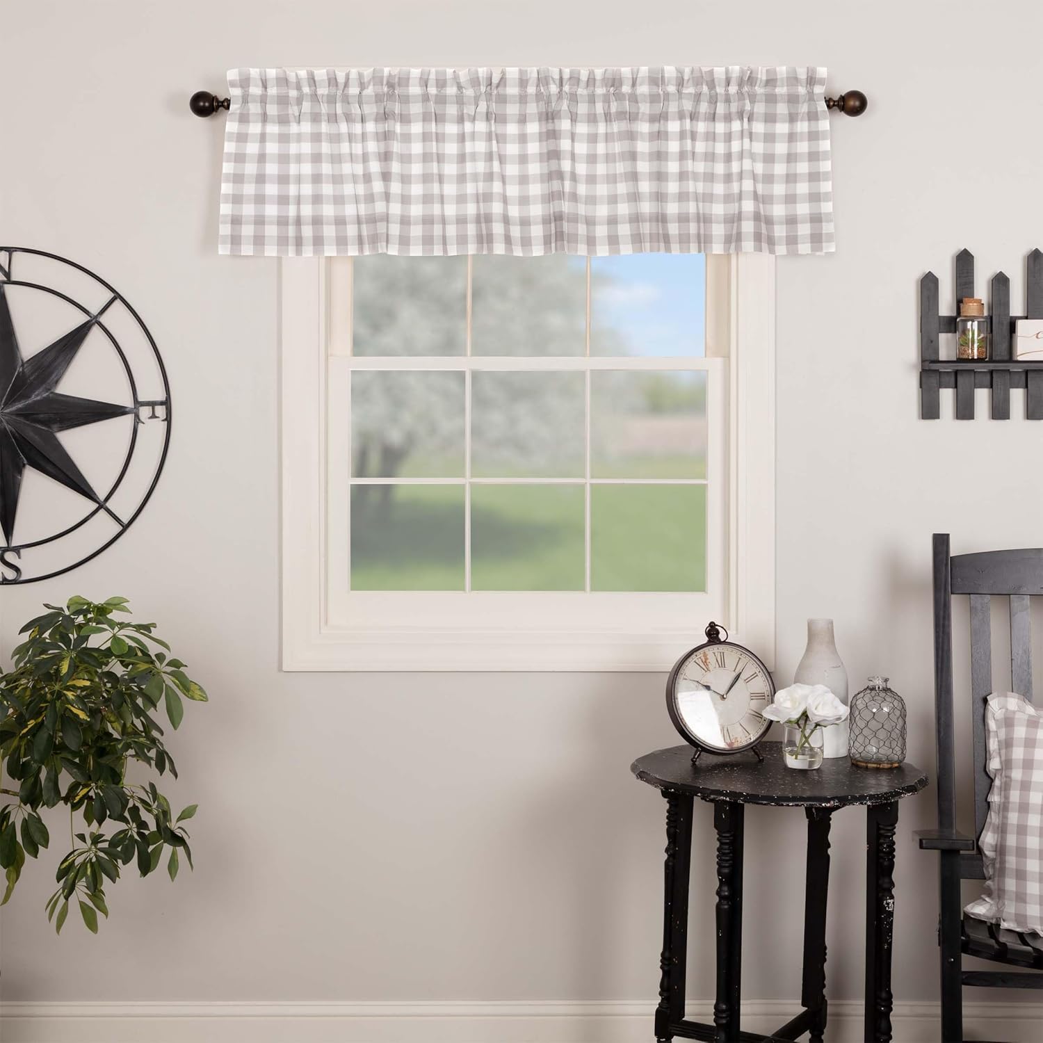 VHC Brands Annie Buffalo Check Farmhouse Kitchen Window Curtains- Lined Valance, 16x72, White &Grey