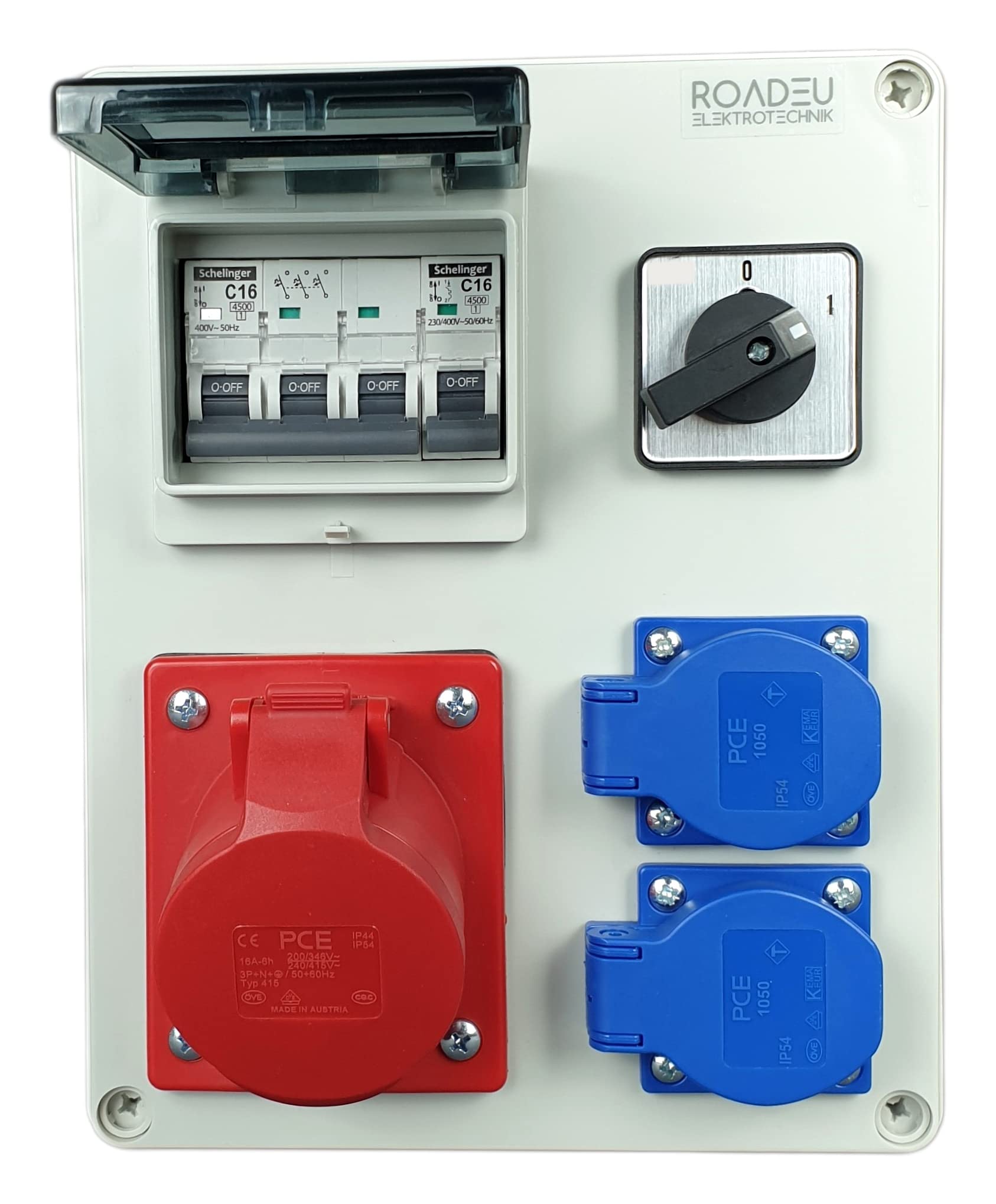 RoadEu Stromverteiler 16A 5P, 2x Schuko Steckdosen mit Hauptschalter 0-1. CEE Verteiler mit Sicherungsautomat C 16A 3P, C 16A 1P. Baustromverteiler 16A. Stromverteiler Aussen Wasserdicht IP44