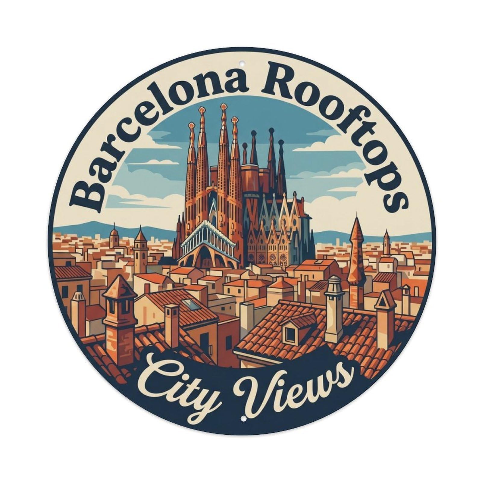 Vintage Travel Barcelona Rooftops Catalan Cityscape Metal Tin Sign Plaque Wall Decor for Cafe, Club, Garden Round Metal Poster 8x8Inch