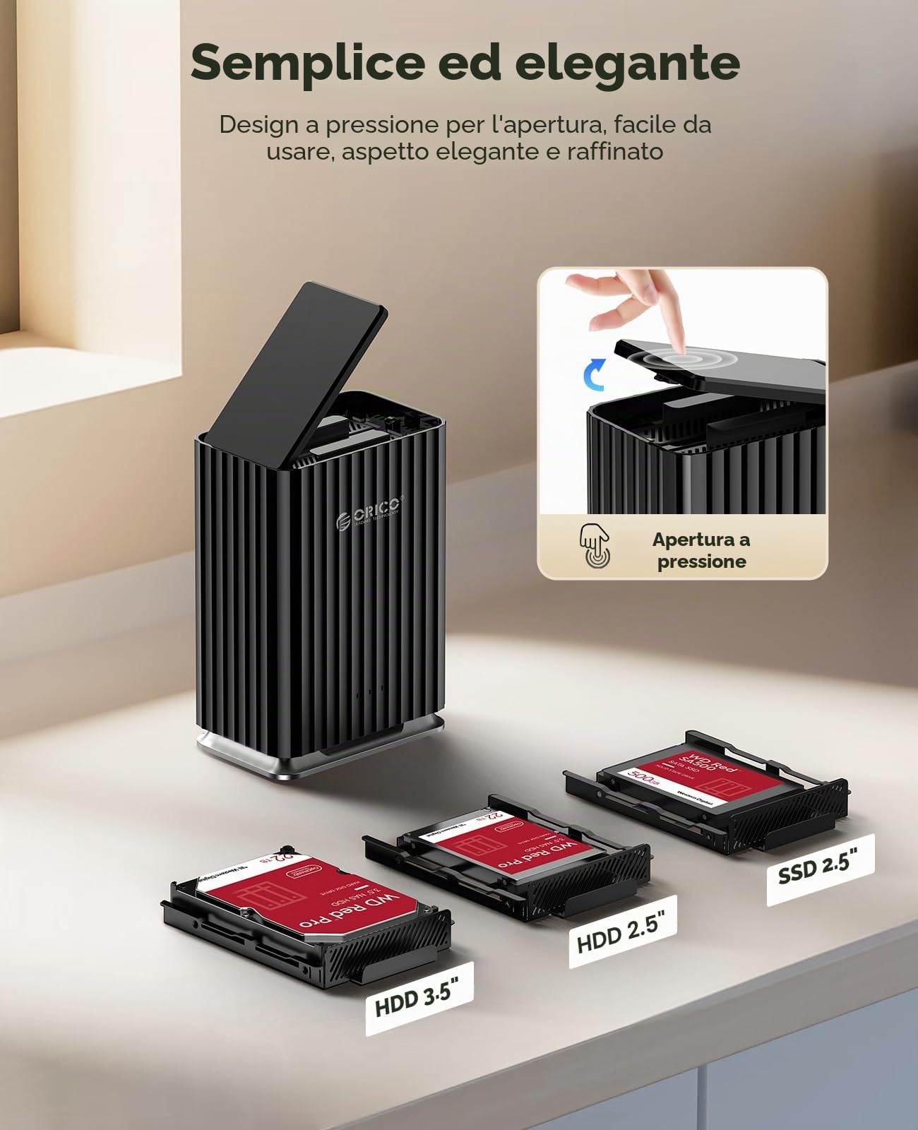 ORICO Enclosure per disco rigido a 2 alloggiamenti per HDD/SSD SATA da 2,5"/3,5", archiviazione DAS con adattatore di alimentazione 12V/4A, Plug and Play massimo 2* 22TB di archiviazione per database