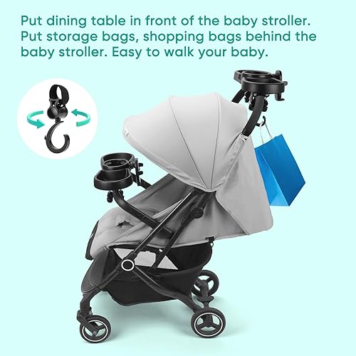 Miniatura 4 de Bandeja universal para refrigerios para cochecito, 4 en 1 con soporte para teléfono con tazas para cochecito de bebé, rotación de 360, bandeja