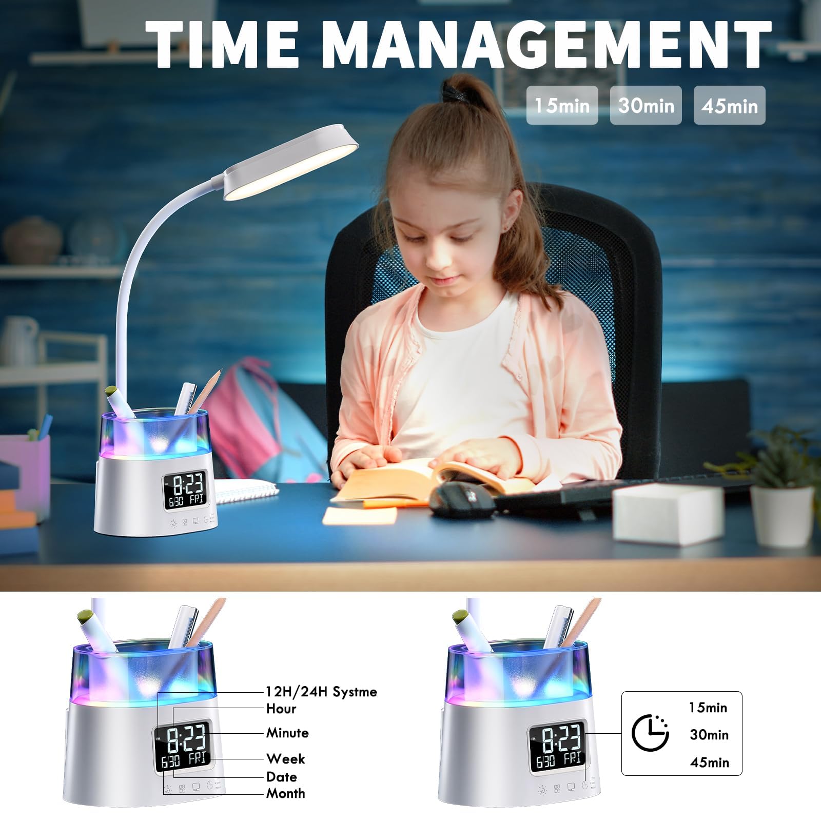 Bokefo LED Desk Lamp with Pen Holder & RGB Ambient Lights, 3 Colors Stepless Dimming Table Lamp - Image 3