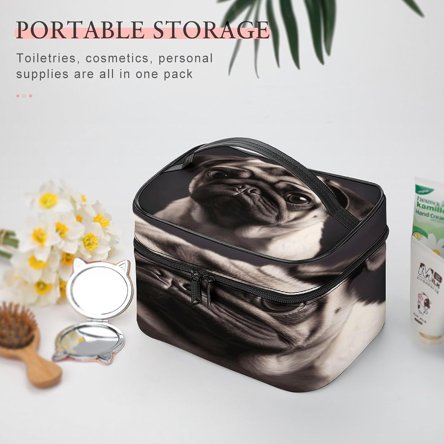 Pug Makeup Bag,Portable Large Capacity Travel Cosmetic Bag Adjustable Lightweight Hand-held Makeup Box for Women Daily Use image 5