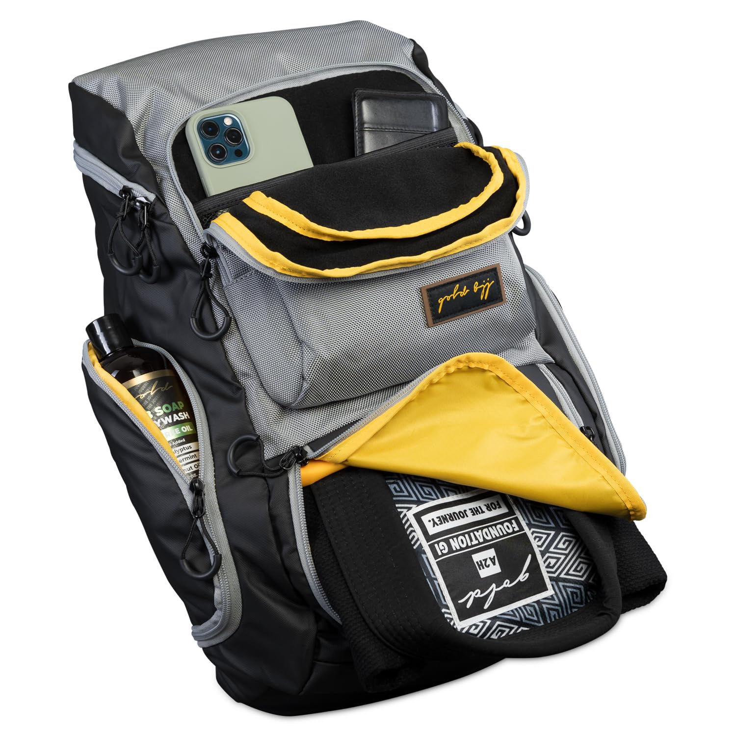 Gold BJJ Jiu Jitsu Backpack - Heavy Duty Gym Bag with Waterproof Gi Pocket, Grey, 25 Liter