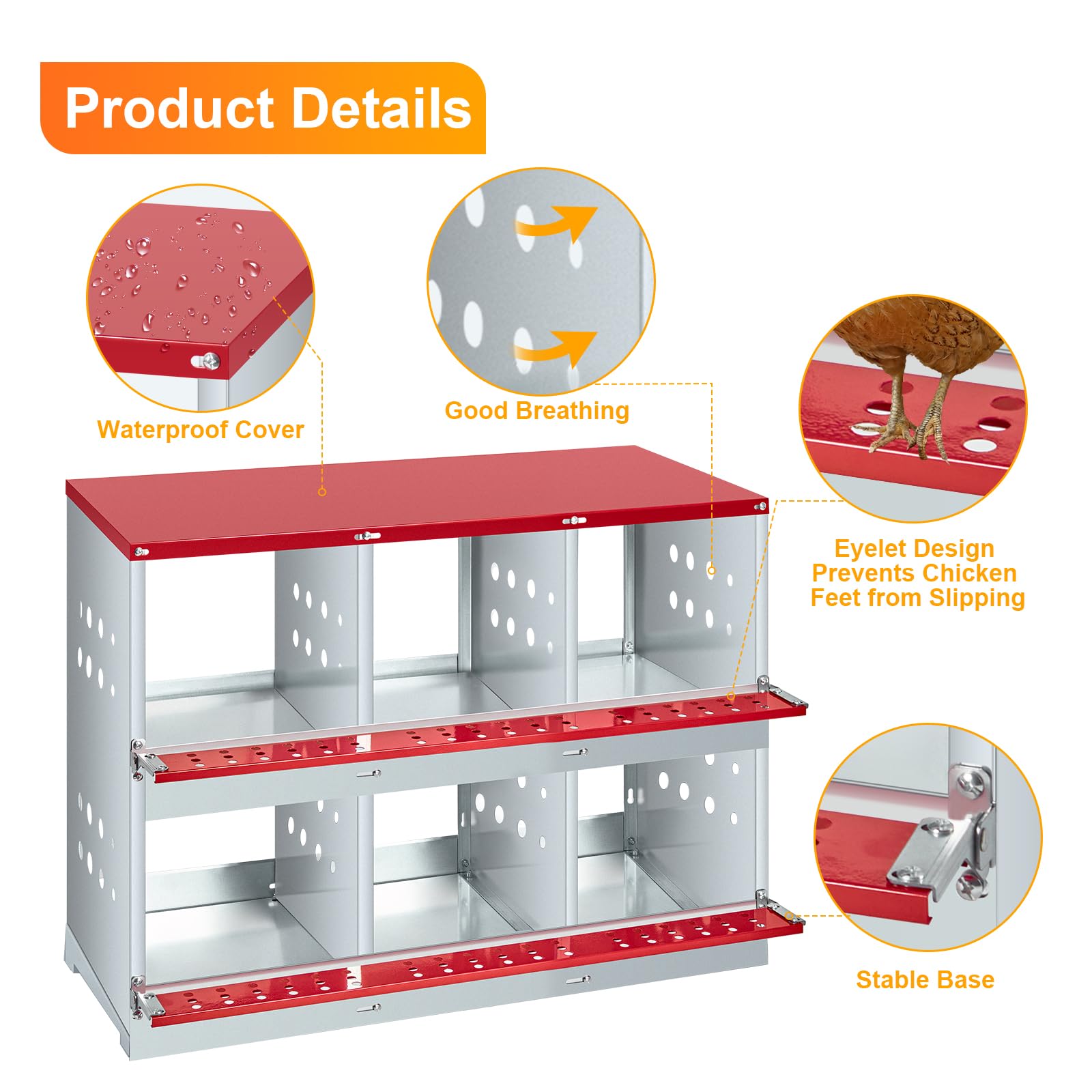 Gallinero De 6 Compartimentos, Acero Galvanizado Resistente e Inoxidable, con Orificios De Ventilación y Plataforma De Descanso, para Montaje En Pared o Suelo, Resistente a Picoteos y a La Corrosión