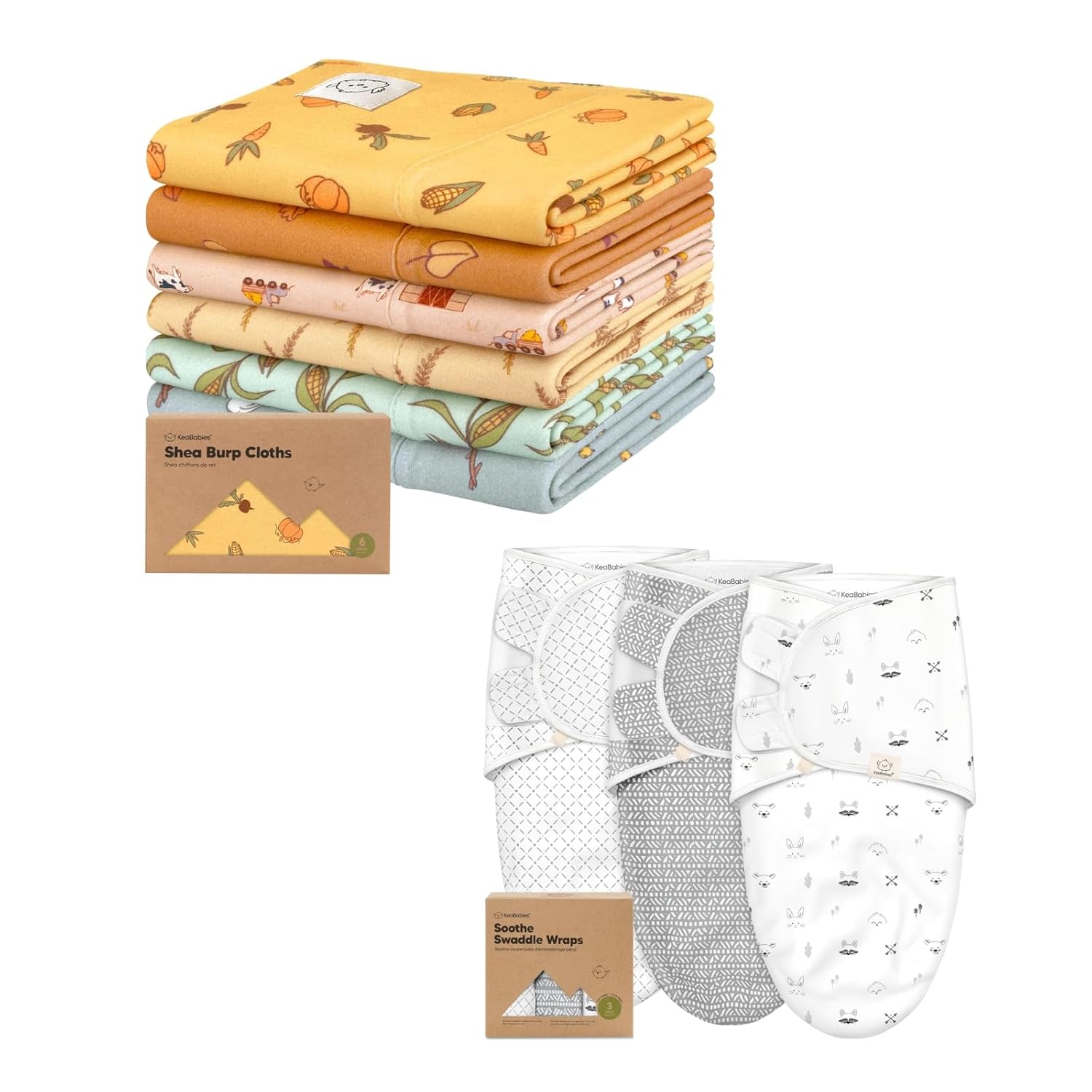 KeaBabies 6-Pack Baby Burp Cloths for Boys and Girls and 3-Pack Baby Swaddle Sleep Sacks - Large Burp Cloths, Burping Cloth for Kids - Newborn Swaddle Sack, Soft, Breathable Toddler Essentials