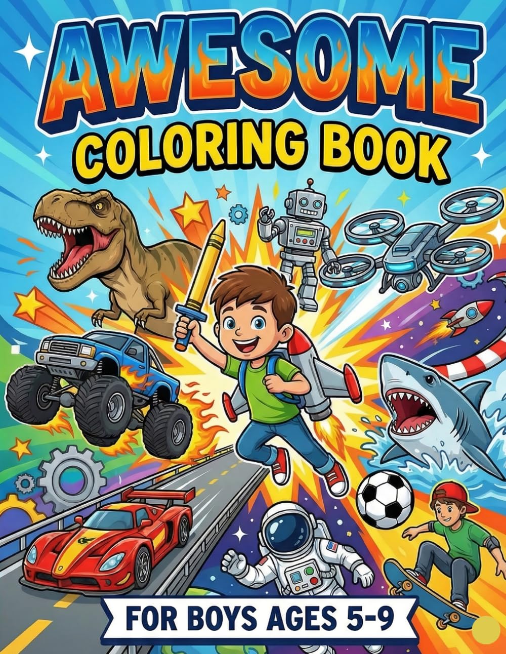 Awesome Coloring Book for Boys Ages 5-9: SIZE 8.5*11 | PAGES 60 | Over 25+ Fun Designs of Dinosaurs, Trucks, Space, Animals, and Sports | Color Test Page Included