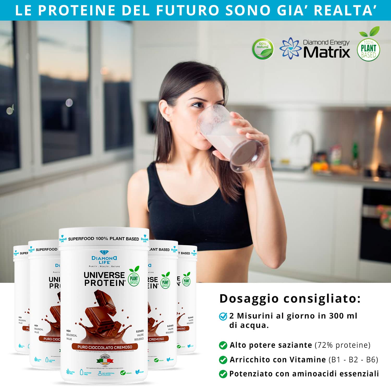 DIAMOND UNIVERSE PROTEIN - Proteine in Polvere Vegane (Pisello, Riso e Quinoa) 70% di Proteine ad Alto Assorbimento per Sforzo Fisico, Resistenza e Mass Gainer | Gusto Cioccolato Cremoso | Gluten Free