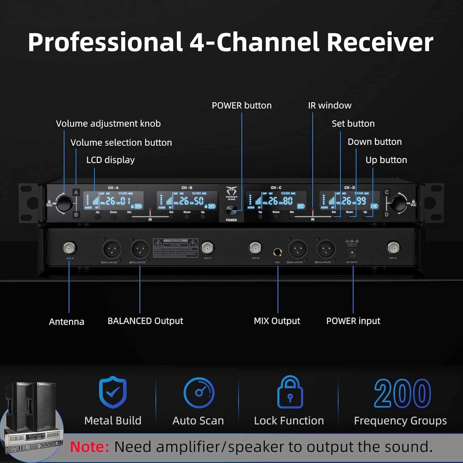 4-Channel Wireless Microphone System, 4 Handheld Dynamic Mic, 200 UHF Frequencies, Auto Scan, 400ft Long Range, Suitable for Singing, Karaoke, Wedding, Performance - Image 3