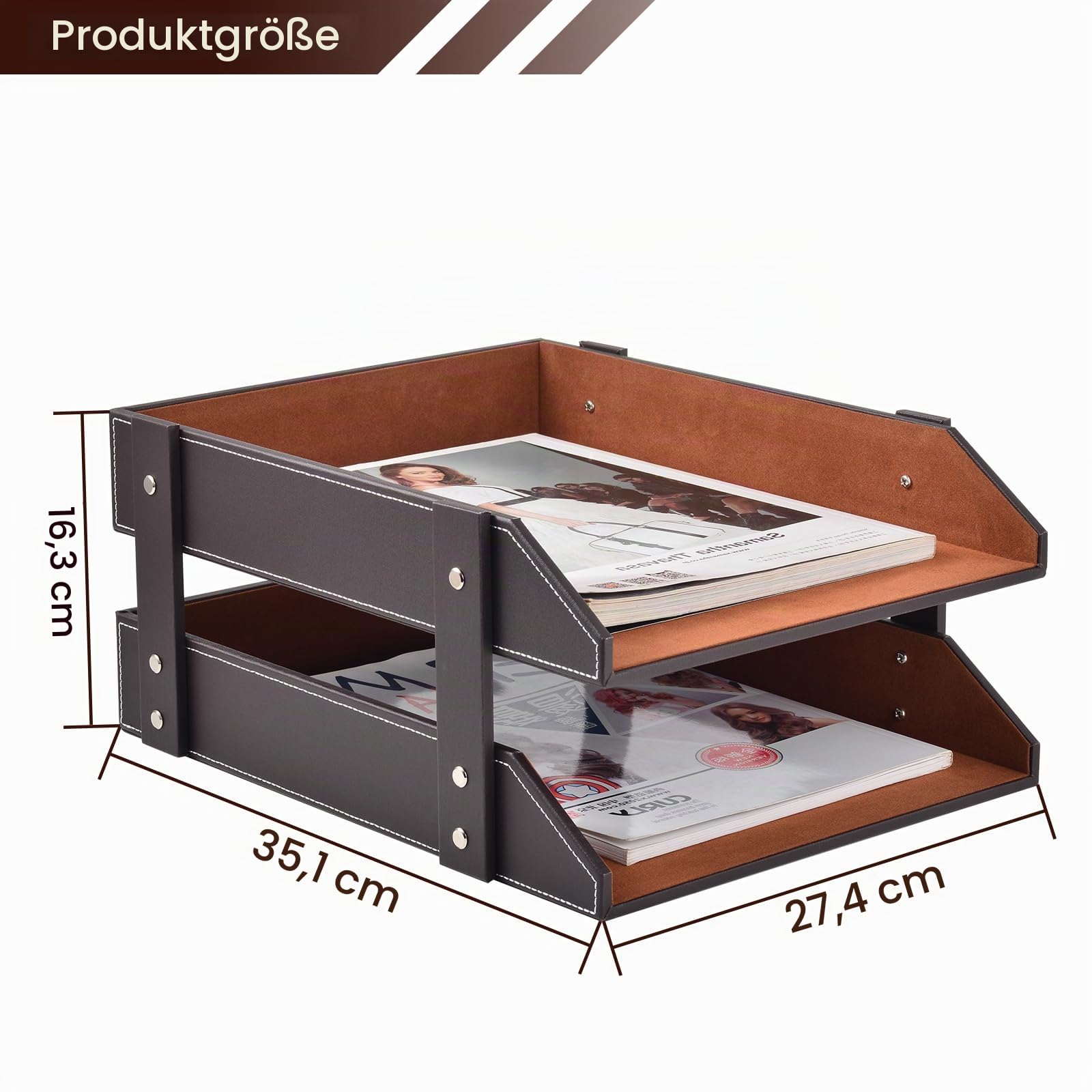Leder Briefablage,Schreibtisch Organizer,Briefablagen & Stapelsysteme für den Schreibtisch A4-Stapelbare Ablagefächer für Briefe,Papierhalter,Postkörbe,Zeitschriften,2 Zimmer,Braun
